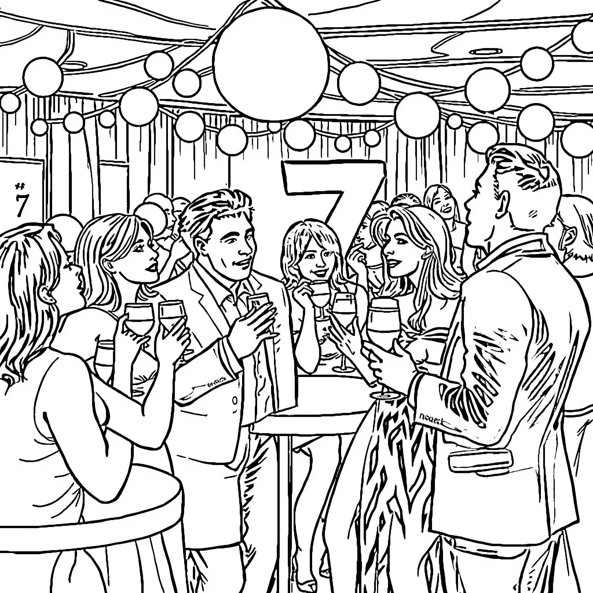 Party with Stylish Guests and Festive Decor Coloring Page (free black-and-white line drawing printable PDF for all, from beginners to advanced learners, including children, teens, adults, and seniors)