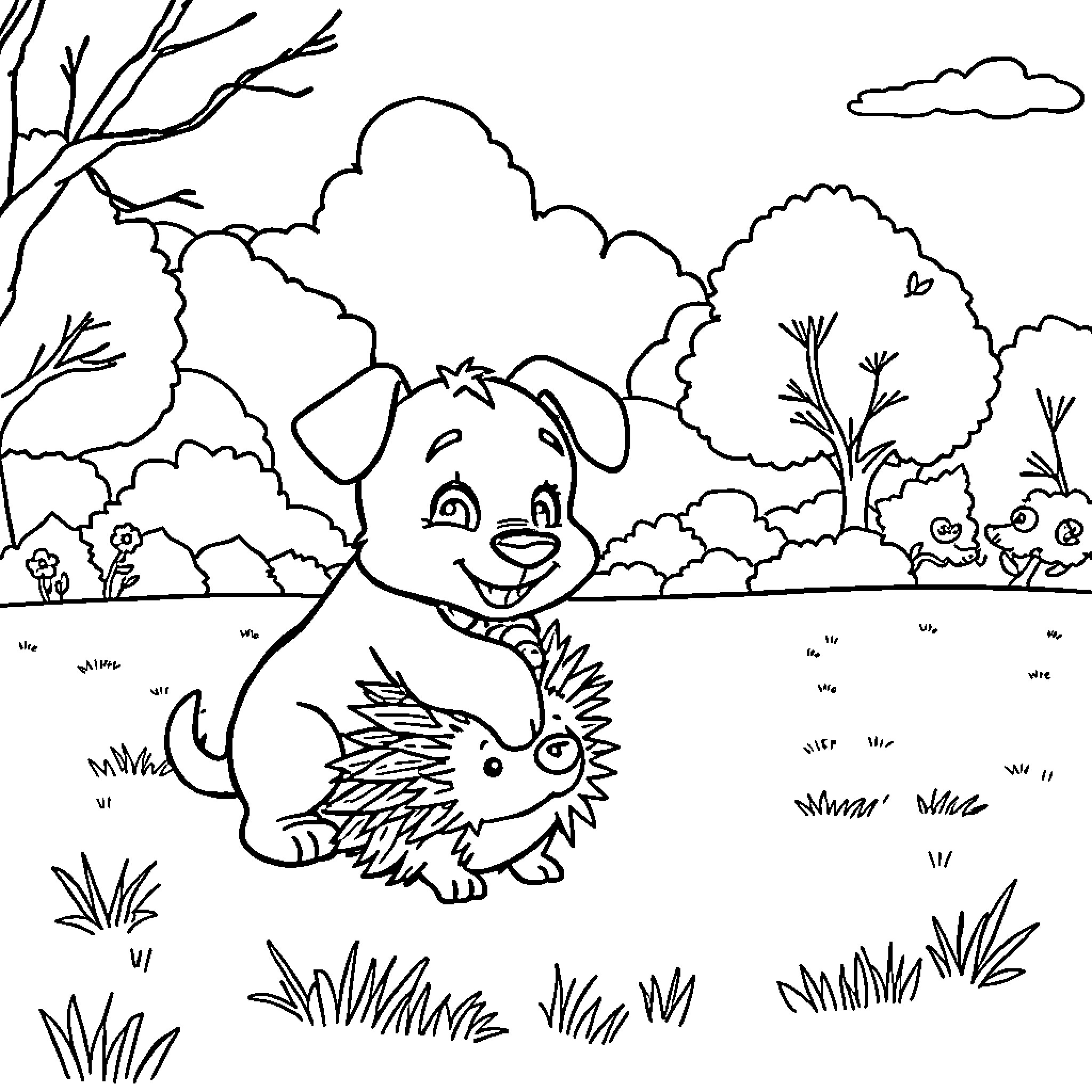 Bluey and friends playing in the forest Coloring Page (free black-and-white line drawing printable PDF for all, from beginners to advanced learners, including children, teens, adults, and seniors)
