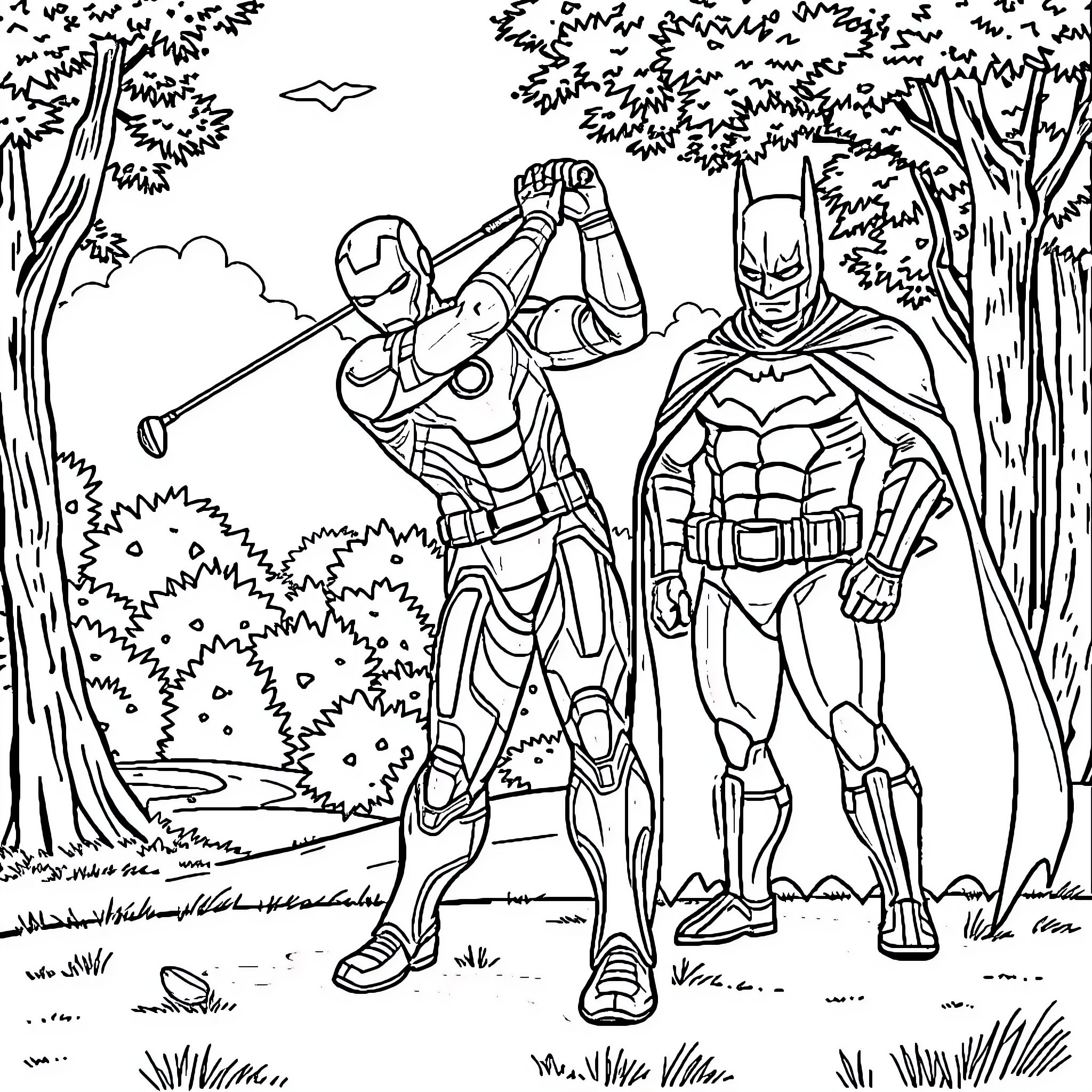 Ironman and Batman in Outdoor Adventure Coloring Page (free black-and-white line drawing printable PDF for all, from beginners to advanced learners, including children, teens, adults, and seniors)