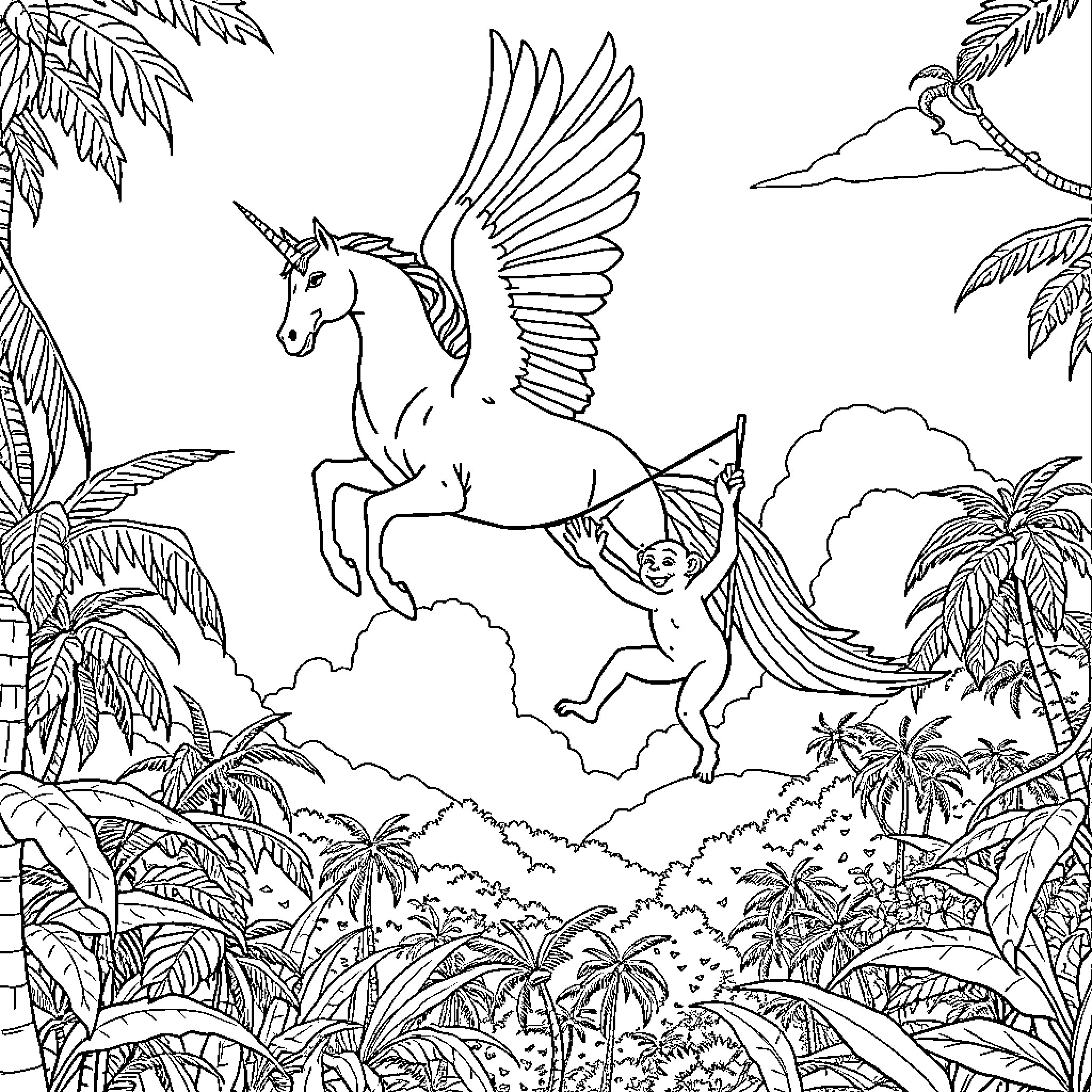 Pegasus soaring through a lush tropical landscape Coloring Page (free black-and-white line drawing printable PDF for all, from beginners to advanced learners, including children, teens, adults, and seniors)