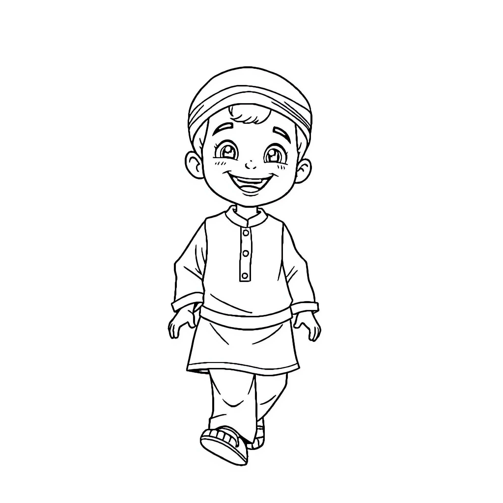Boy in traditional clothing standing with a smile Coloring Page (free black-and-white line drawing printable PDF for all, from beginners to advanced learners, including children, teens, adults, and seniors)