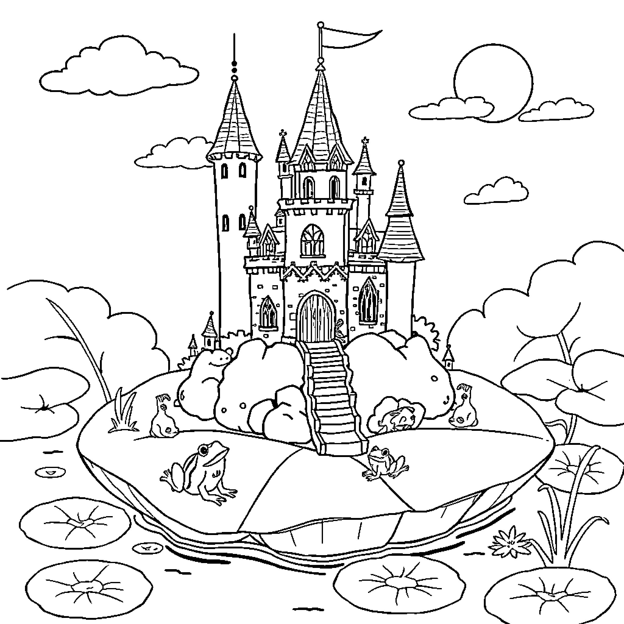 Frogs frolicking around a whimsical castle in the pond Coloring Page (free black-and-white line drawing printable PDF for all, from beginners to advanced learners, including children, teens, adults, and seniors)