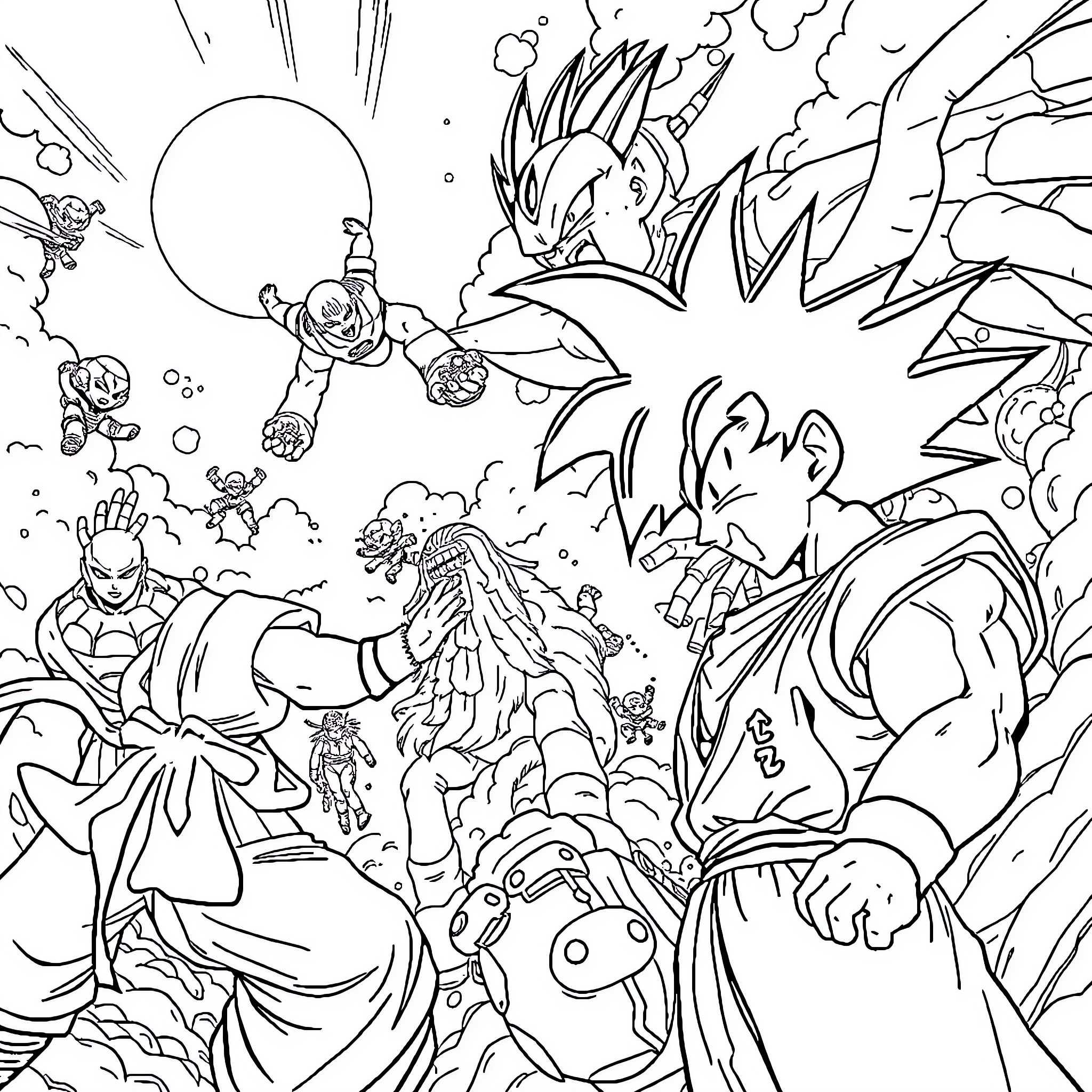 Dragon Ball Z: Intense Battles and Heroic Transformations Coloring Page (free black-and-white line drawing printable PDF for all, from beginners to advanced learners, including children, teens, adults, and seniors)