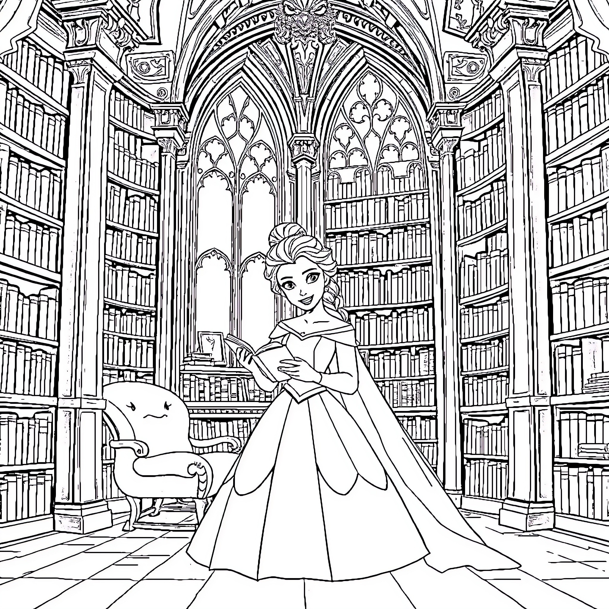 Belle exploring a magical library Coloring Page (free black-and-white line drawing printable PDF for all, from beginners to advanced learners, including children, teens, adults, and seniors)