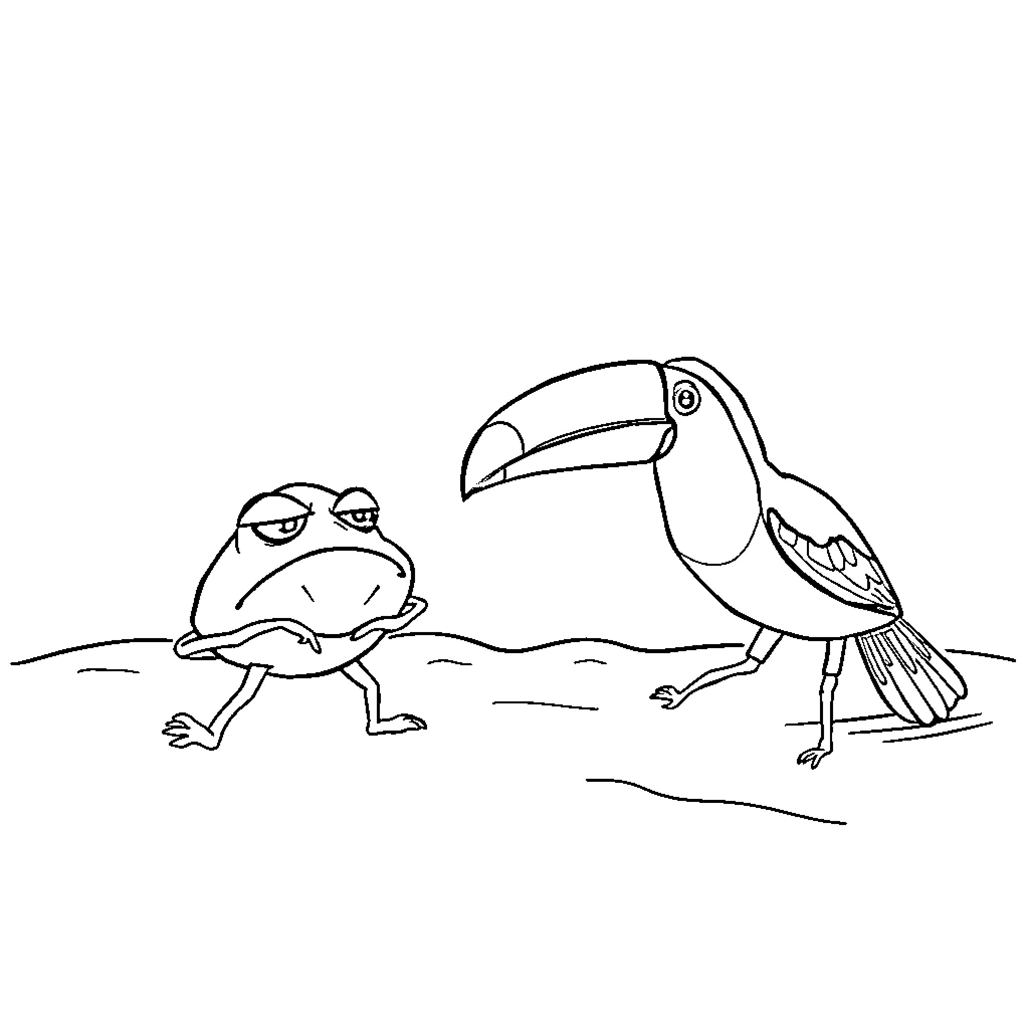 Clam and Toucan Encounter in the Wild Coloring Page (free black-and-white line drawing printable PDF for all, from beginners to advanced learners, including children, teens, adults, and seniors)
