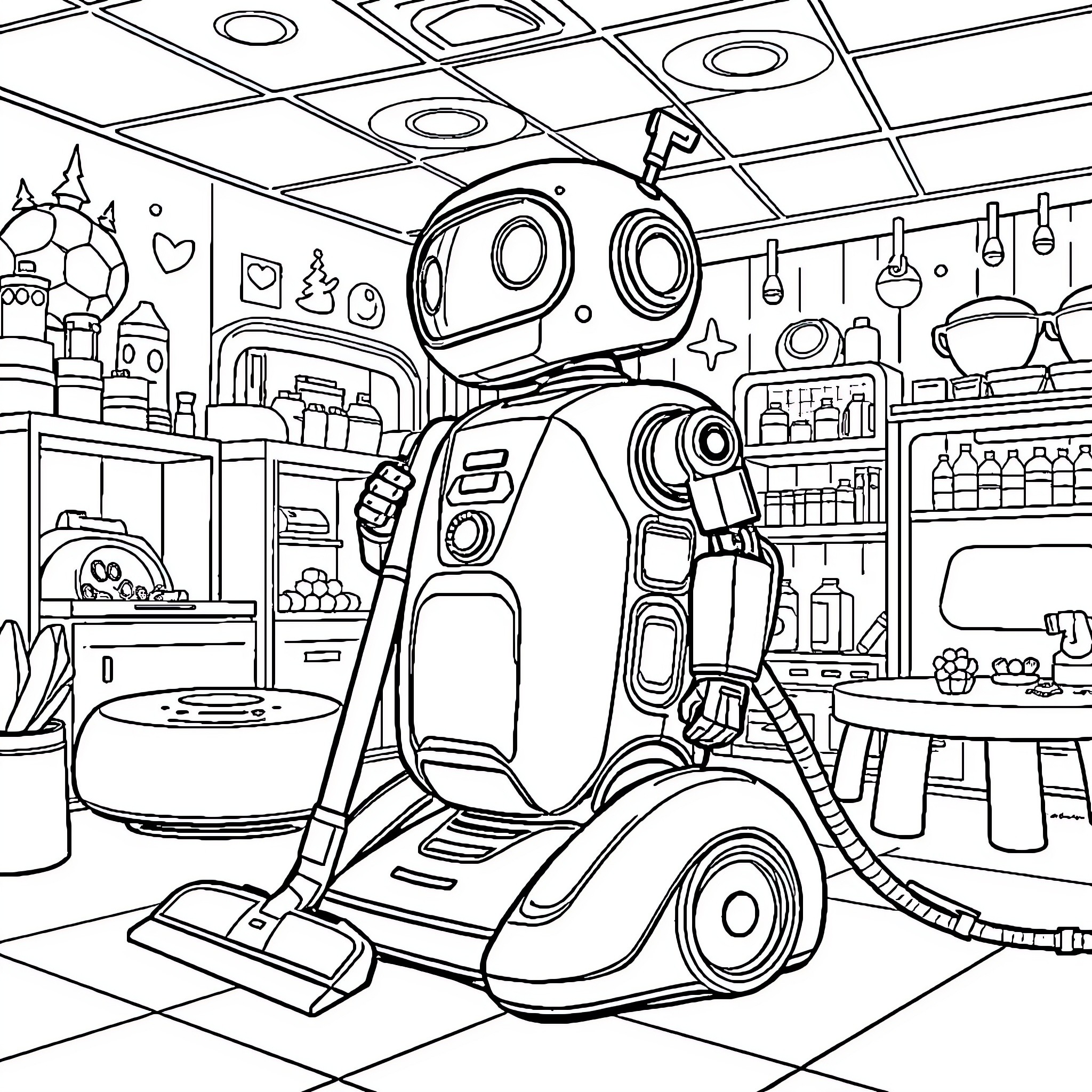 Robot Vacuum Cleaner in Cluttered Workspace Coloring Page (free black-and-white line drawing printable PDF for all, from beginners to advanced learners, including children, teens, adults, and seniors)