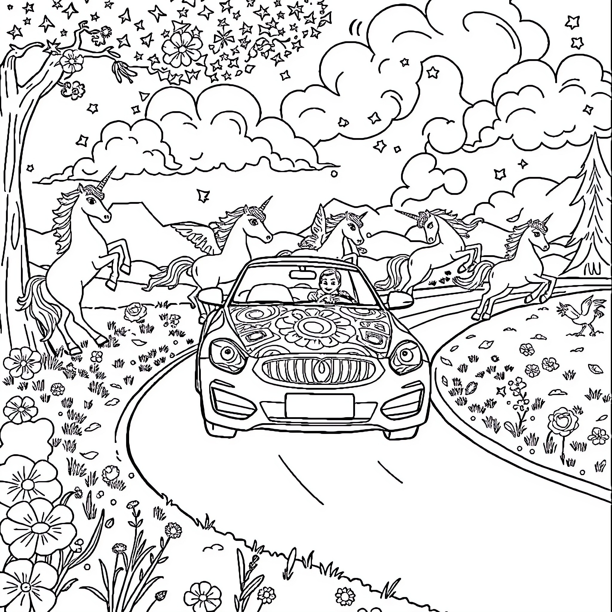 Car traveling with colorful horses in magical meadow Coloring Page (free black-and-white line drawing printable PDF for all, from beginners to advanced learners, including children, teens, adults, and seniors)