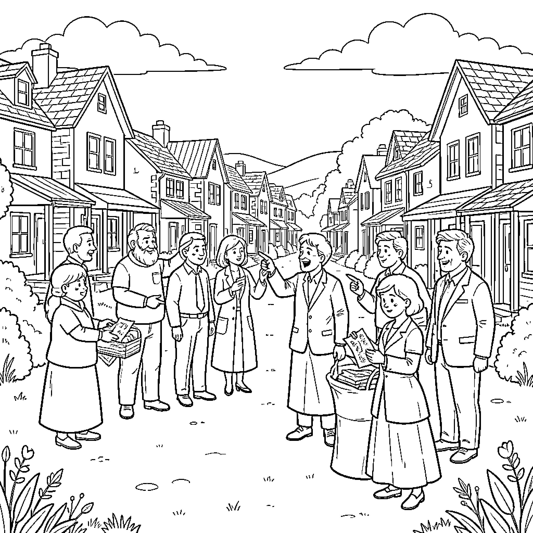 Vocabulary People walking and chatting on a village street Coloring Page (free black-and-white line drawing printable PDF for all, from beginners to advanced learners, including children, teens, adults, and seniors)