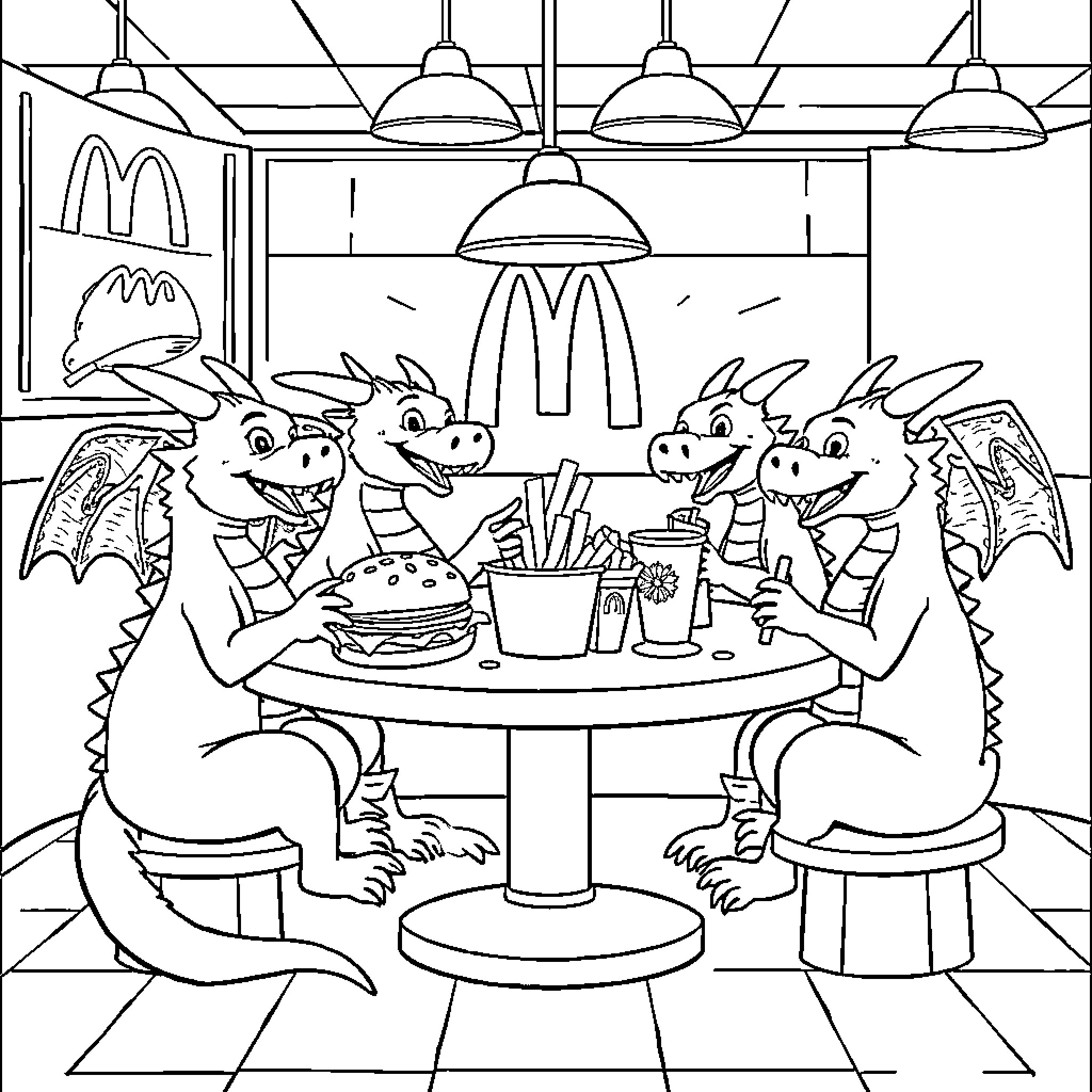 Dragon friends enjoying a delightful meal together Coloring Page (free black-and-white line drawing printable PDF for all, from beginners to advanced learners, including children, teens, adults, and seniors)