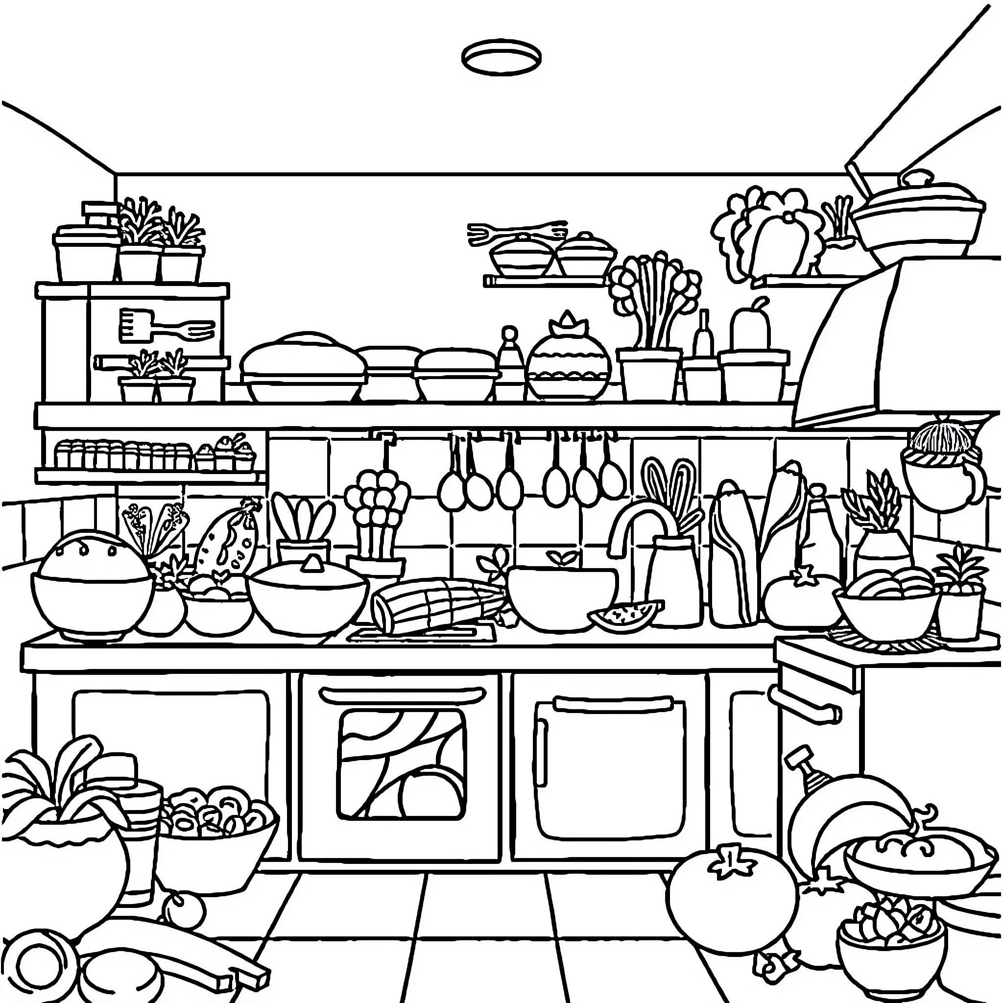 Toca Boca kitchen with various appliances and kitchenware Coloring Page (free black-and-white line drawing printable PDF for all, from beginners to advanced learners, including children, teens, adults, and seniors)