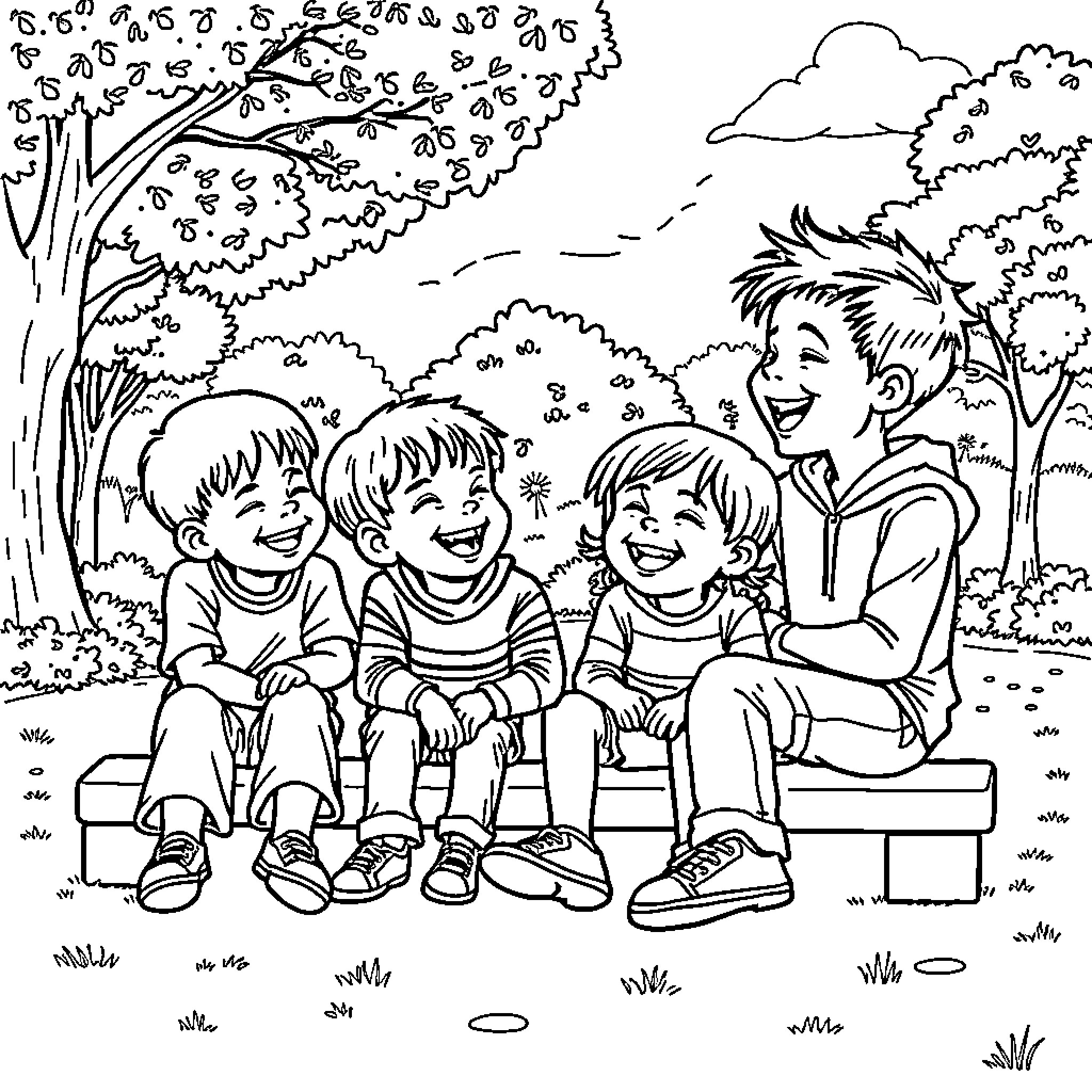 Kids playing and laughing together in the park Coloring Page (free black-and-white line drawing printable PDF for all, from beginners to advanced learners, including children, teens, adults, and seniors)