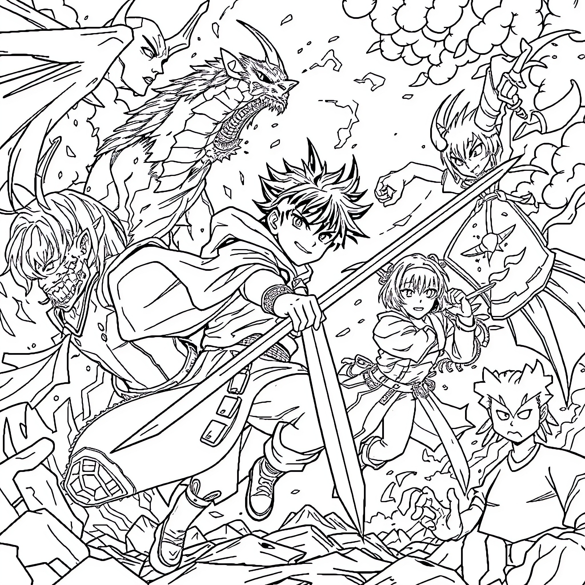 Demon Slayer: Heroic Battle Against Fierce Foes Coloring Page (free black-and-white line drawing printable PDF for all, from beginners to advanced learners, including children, teens, adults, and seniors)