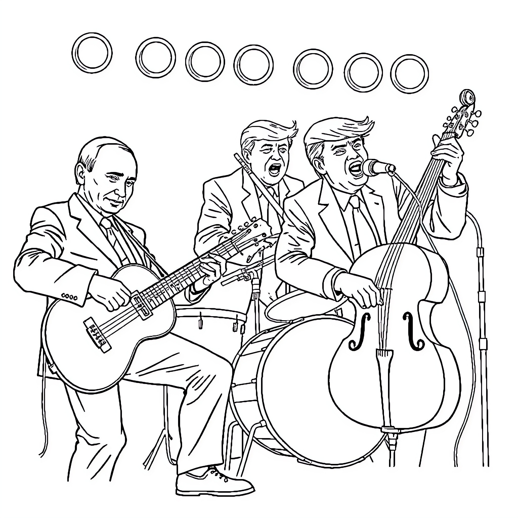 President Trio Performing Lively Musical Act Coloring Page (free black-and-white line drawing printable PDF for all, from beginners to advanced learners, including children, teens, adults, and seniors)