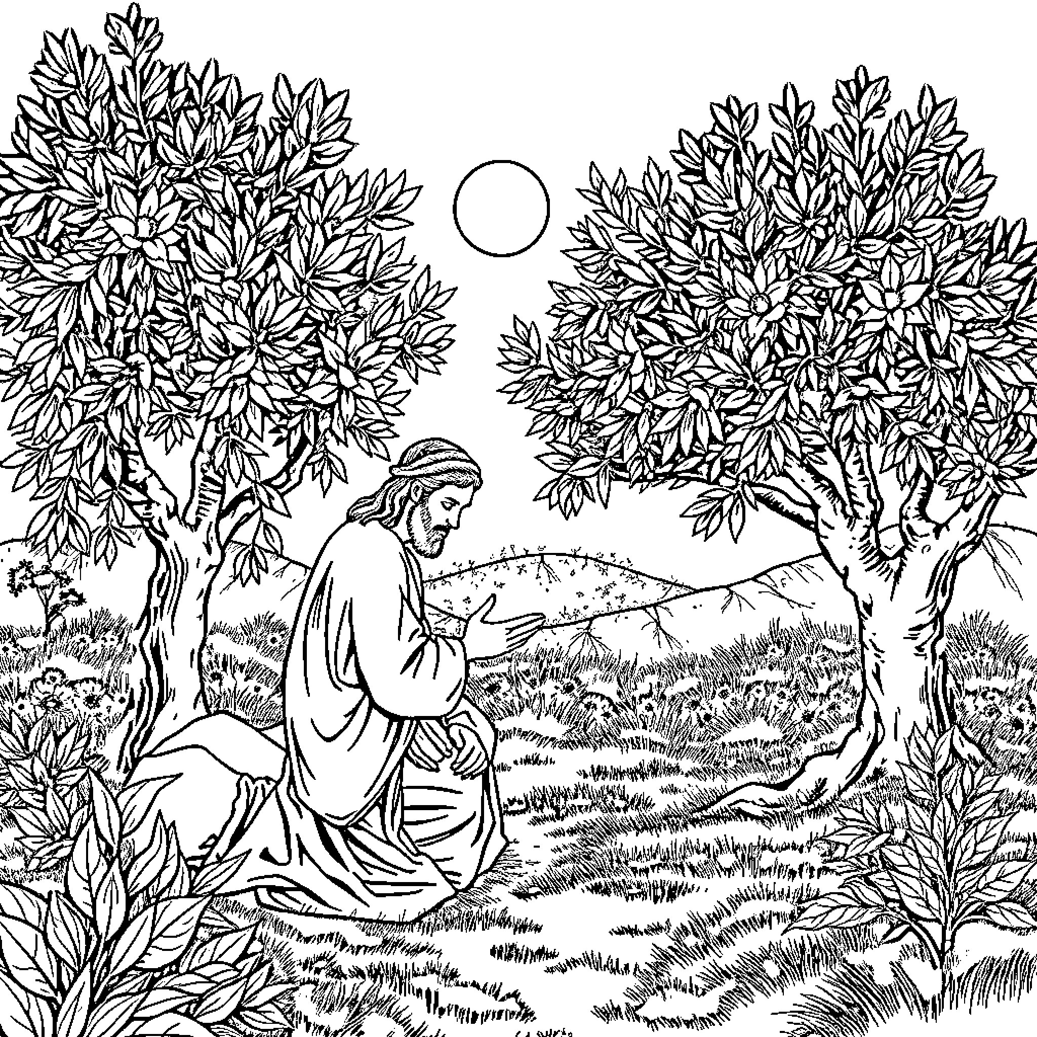 Christ Praying in Gethsemane Garden Coloring Page (free black-and-white line drawing printable PDF for all, from beginners to advanced learners, including children, teens, adults, and seniors)