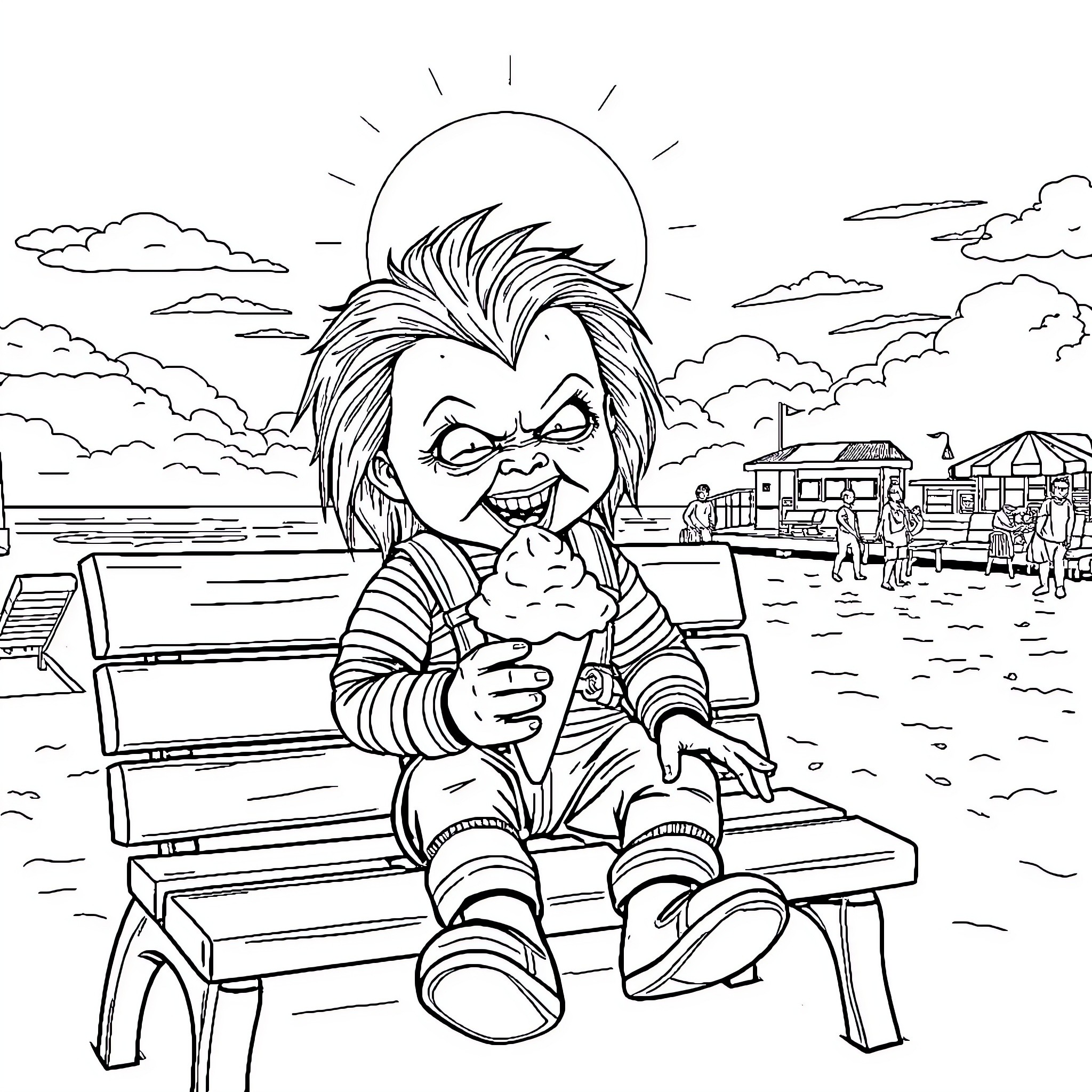 Chucky enjoying an ice cream by the seaside Coloring Page (free black-and-white line drawing printable PDF for all, from beginners to advanced learners, including children, teens, adults, and seniors)