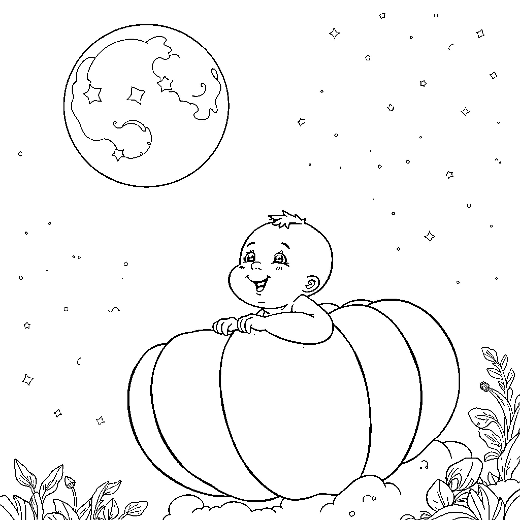 Baby peeking out from a pumpkin under the starry night sky Coloring Page (free black-and-white line drawing printable PDF for all, from beginners to advanced learners, including children, teens, adults, and seniors)