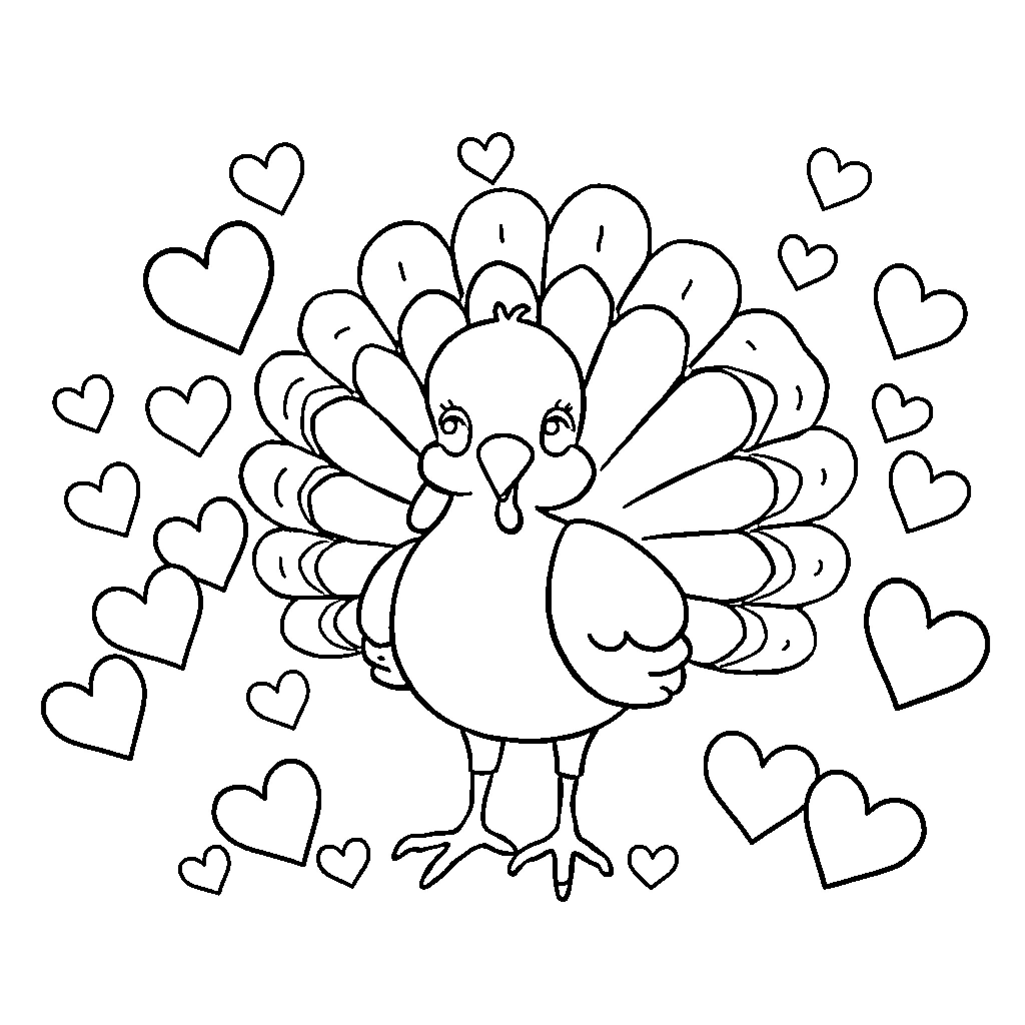 Turkey surrounded by loving hearts Coloring Page (free black-and-white line drawing printable PDF for all, from beginners to advanced learners, including children, teens, adults, and seniors)