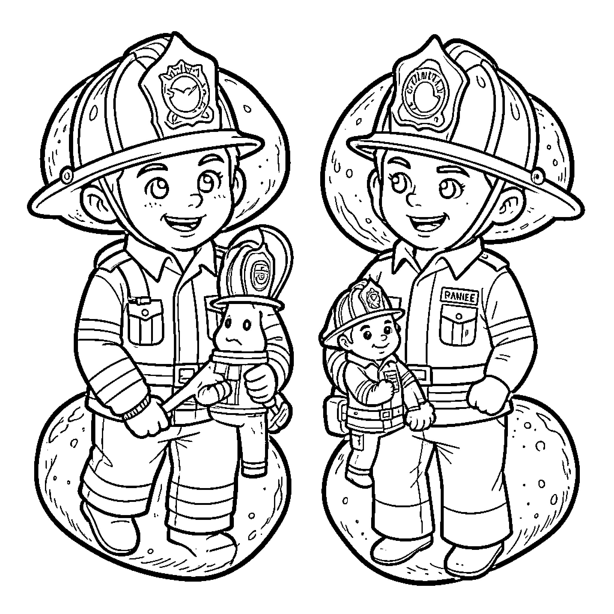 Brioche little firefighters posing with their toys Coloring Page (free black-and-white line drawing printable PDF for all, from beginners to advanced learners, including children, teens, adults, and seniors)