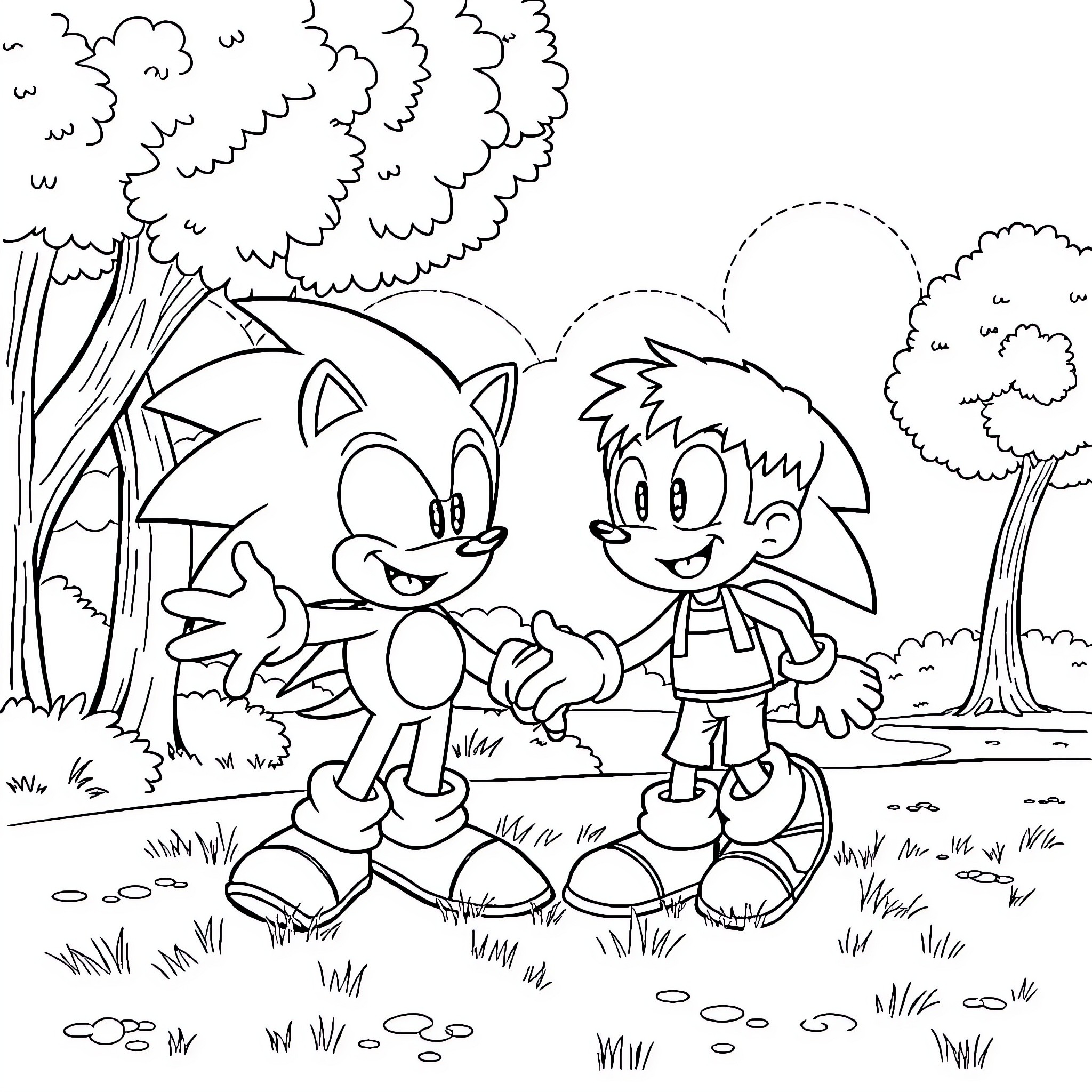 Sonic characters exploring the forest Coloring Page (free black-and-white line drawing printable PDF for all, from beginners to advanced learners, including children, teens, adults, and seniors)