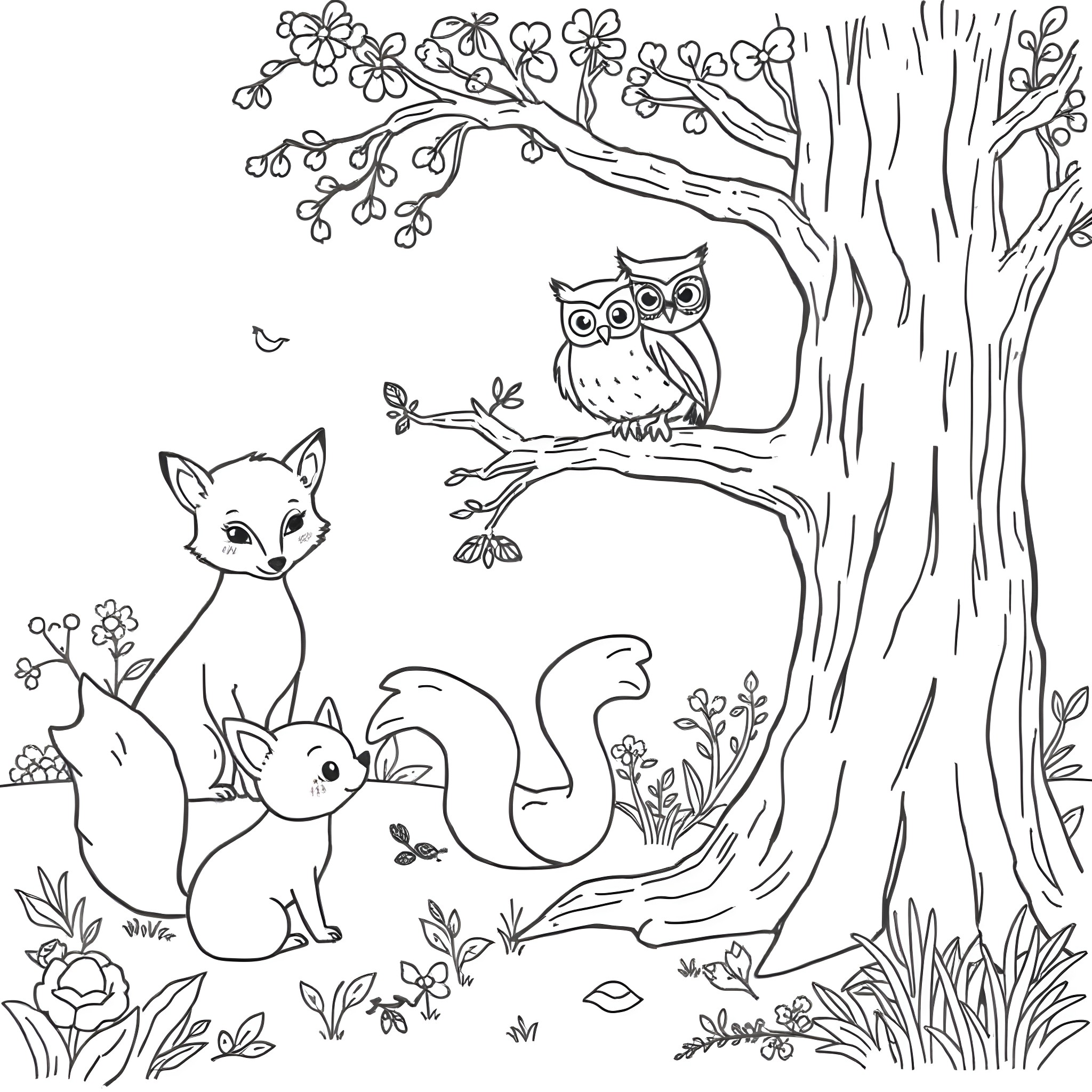 Forest Friend Enjoying Nature with Woodland Animals Coloring Page (free black-and-white line drawing printable PDF for all, from beginners to advanced learners, including children, teens, adults, and seniors)