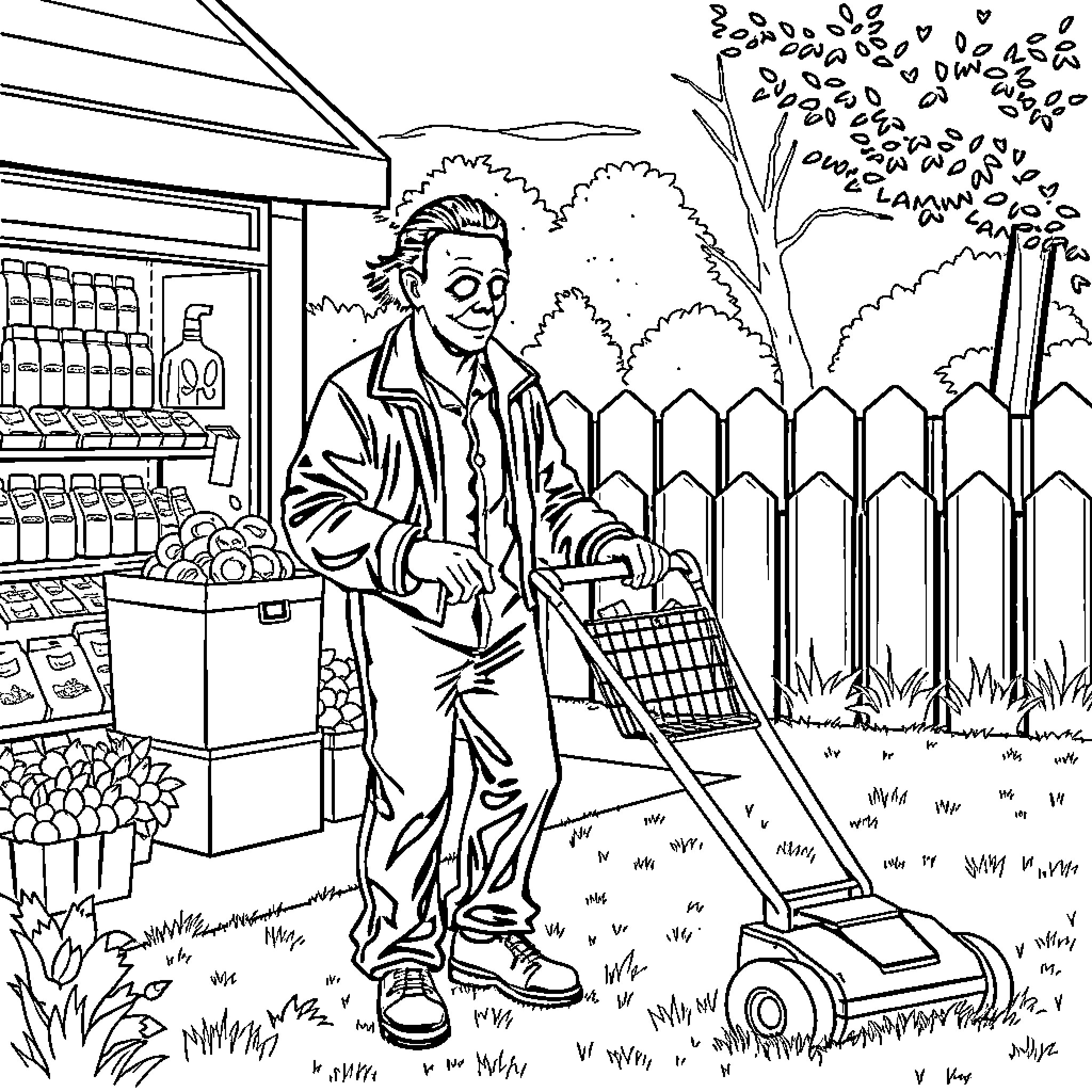 Michael Myers mowing the lawn in the neighborhood Coloring Page (free black-and-white line drawing printable PDF for all, from beginners to advanced learners, including children, teens, adults, and seniors)