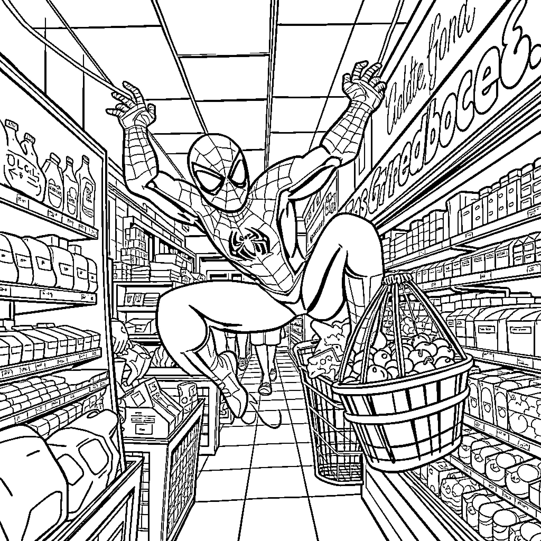 Spiderman swinging through a grocery store Coloring Page (free black-and-white line drawing printable PDF for all, from beginners to advanced learners, including children, teens, adults, and seniors)