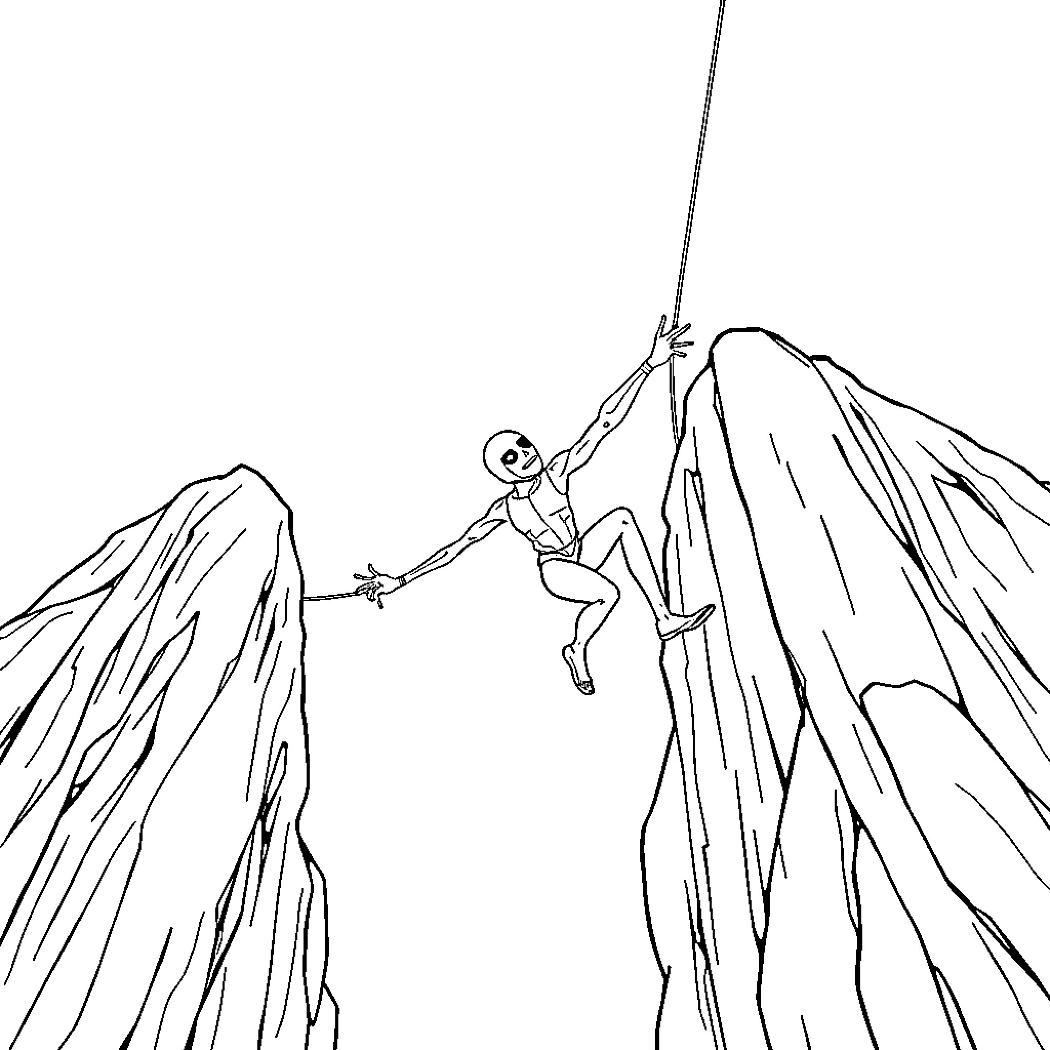 Spider-Man climbing rock cliffs with ropes and harness Coloring Page (free black-and-white line drawing printable PDF for all, from beginners to advanced learners, including children, teens, adults, and seniors)