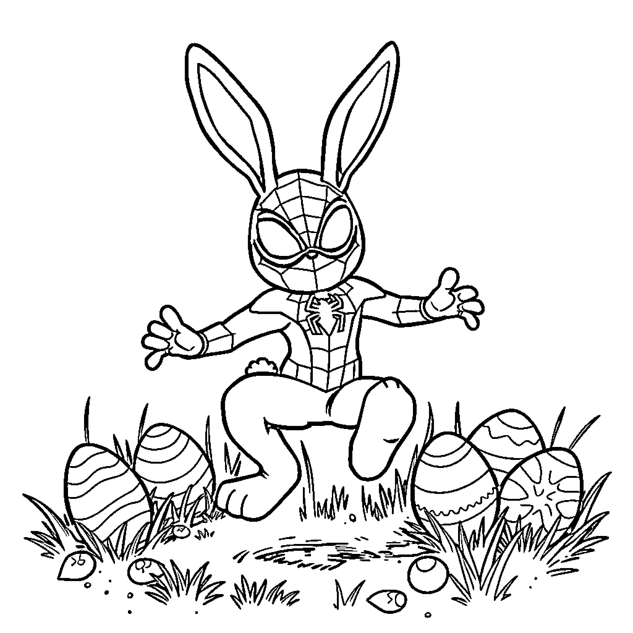 Easter Bunny Superhero Enjoying Easter Eggs and Grass Coloring Page (free black-and-white line drawing printable PDF for all, from beginners to advanced learners, including children, teens, adults, and seniors)