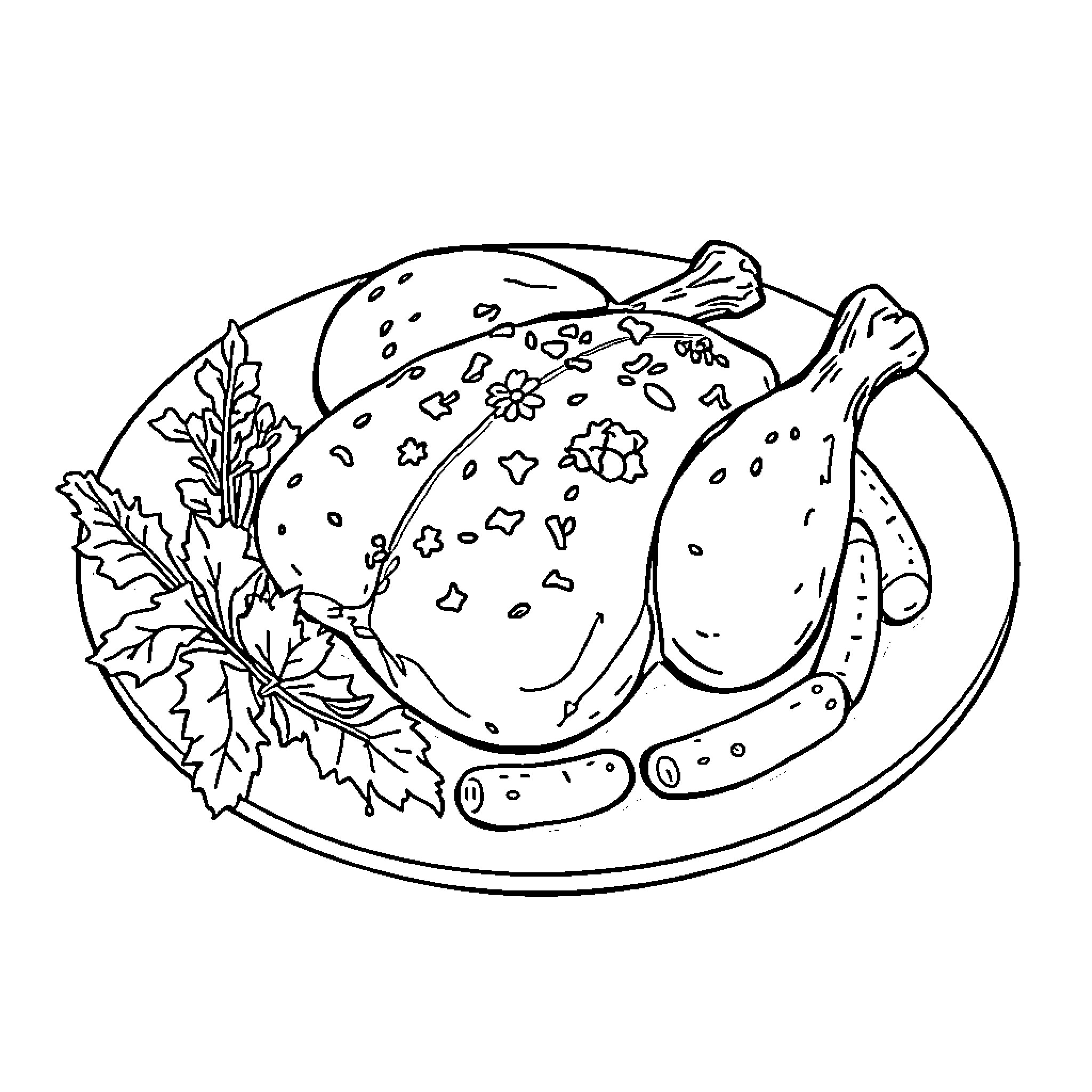 Chicken roasted with herbs and spices Coloring Page (free black-and-white line drawing printable PDF for all, from beginners to advanced learners, including children, teens, adults, and seniors)