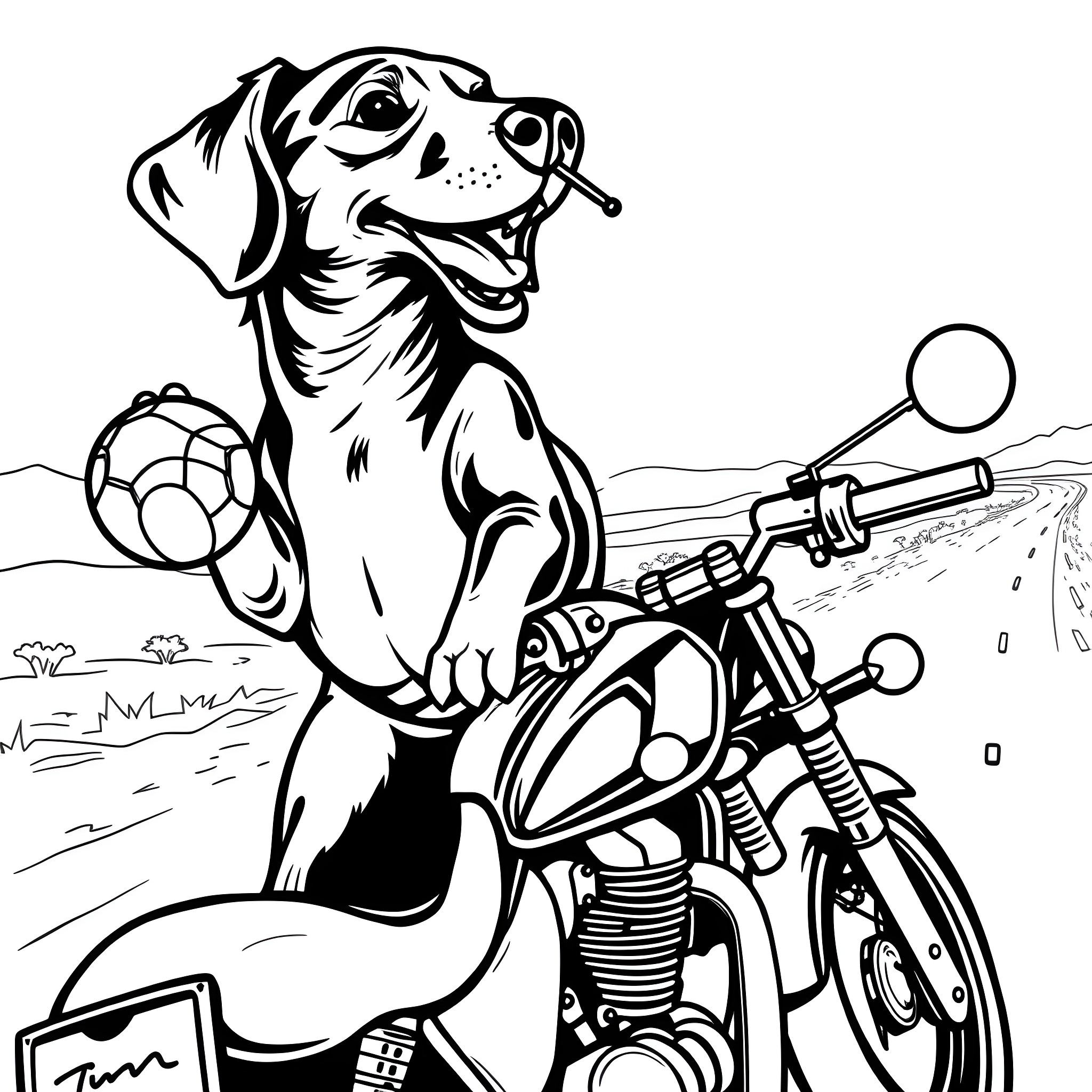 Dachshund riding motorcycle with soccer ball Coloring Page (free black-and-white line drawing printable PDF for all, from beginners to advanced learners, including children, teens, adults, and seniors)