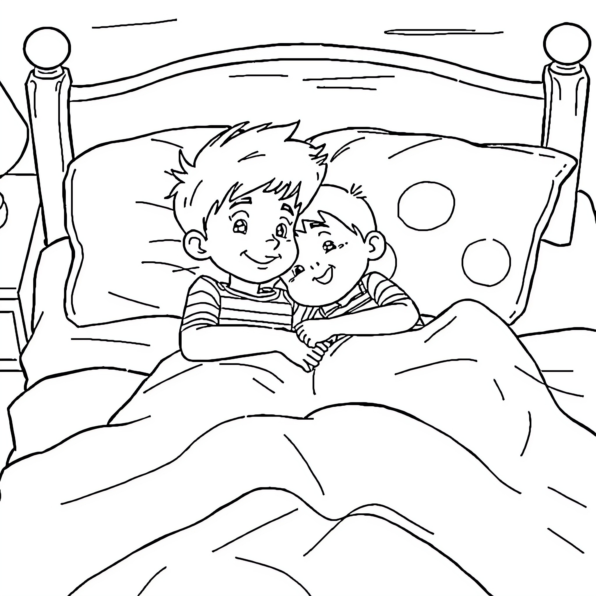 Nick and Friend Enjoying a Sleepover Coloring Page (free black-and-white line drawing printable PDF for all, from beginners to advanced learners, including children, teens, adults, and seniors)