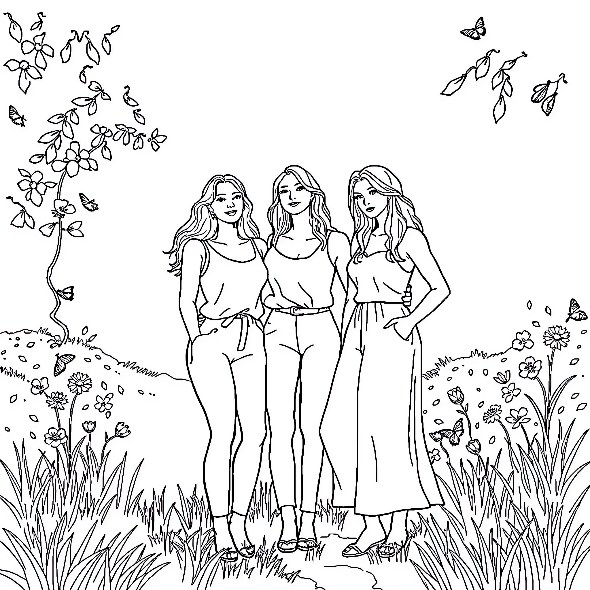 Woman enjoying nature with friends Coloring Page (free black-and-white line drawing printable PDF for all, from beginners to advanced learners, including children, teens, adults, and seniors)
