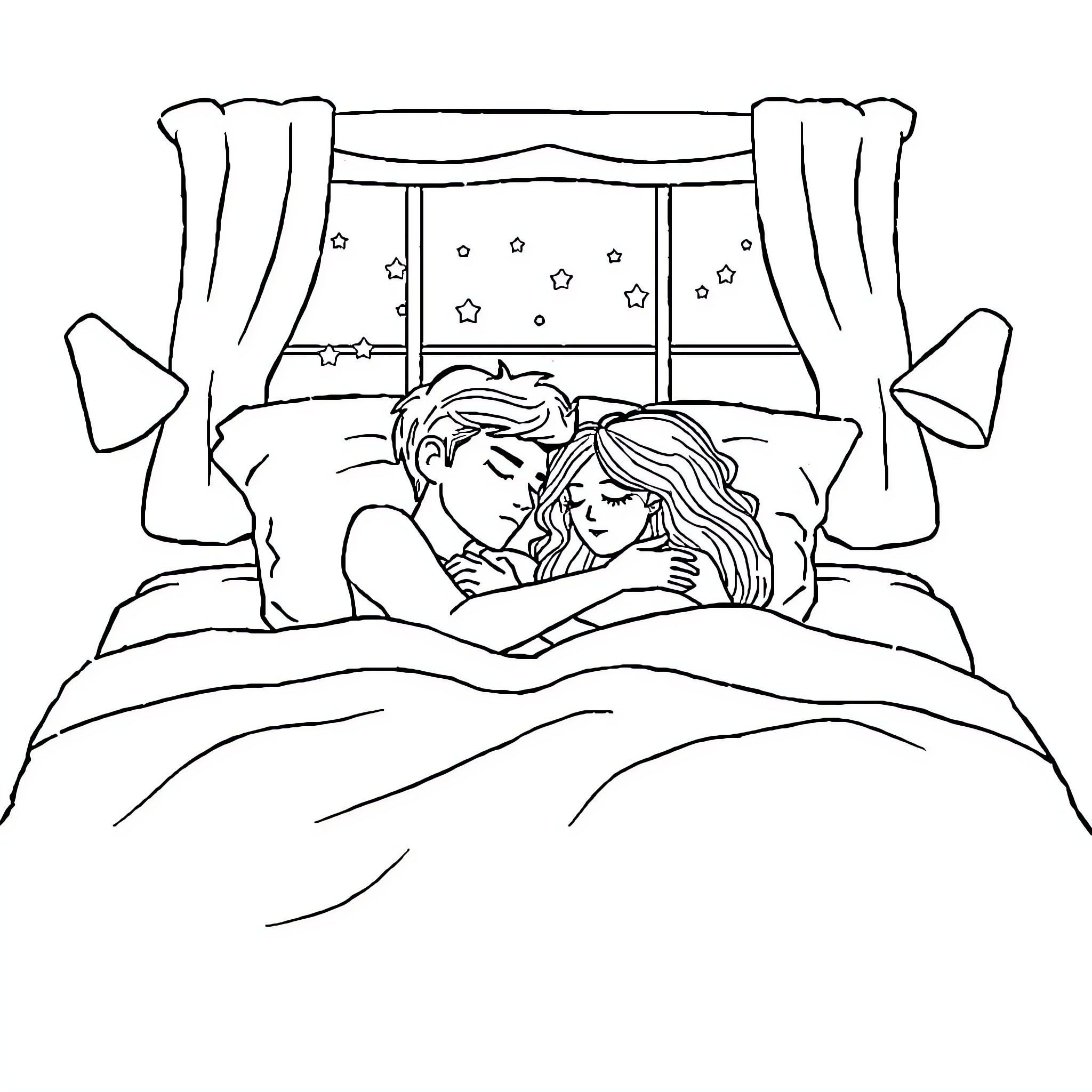 Couple cuddling in romantic bedroom at night Coloring Page (free black-and-white line drawing printable PDF for all, from beginners to advanced learners, including children, teens, adults, and seniors)
