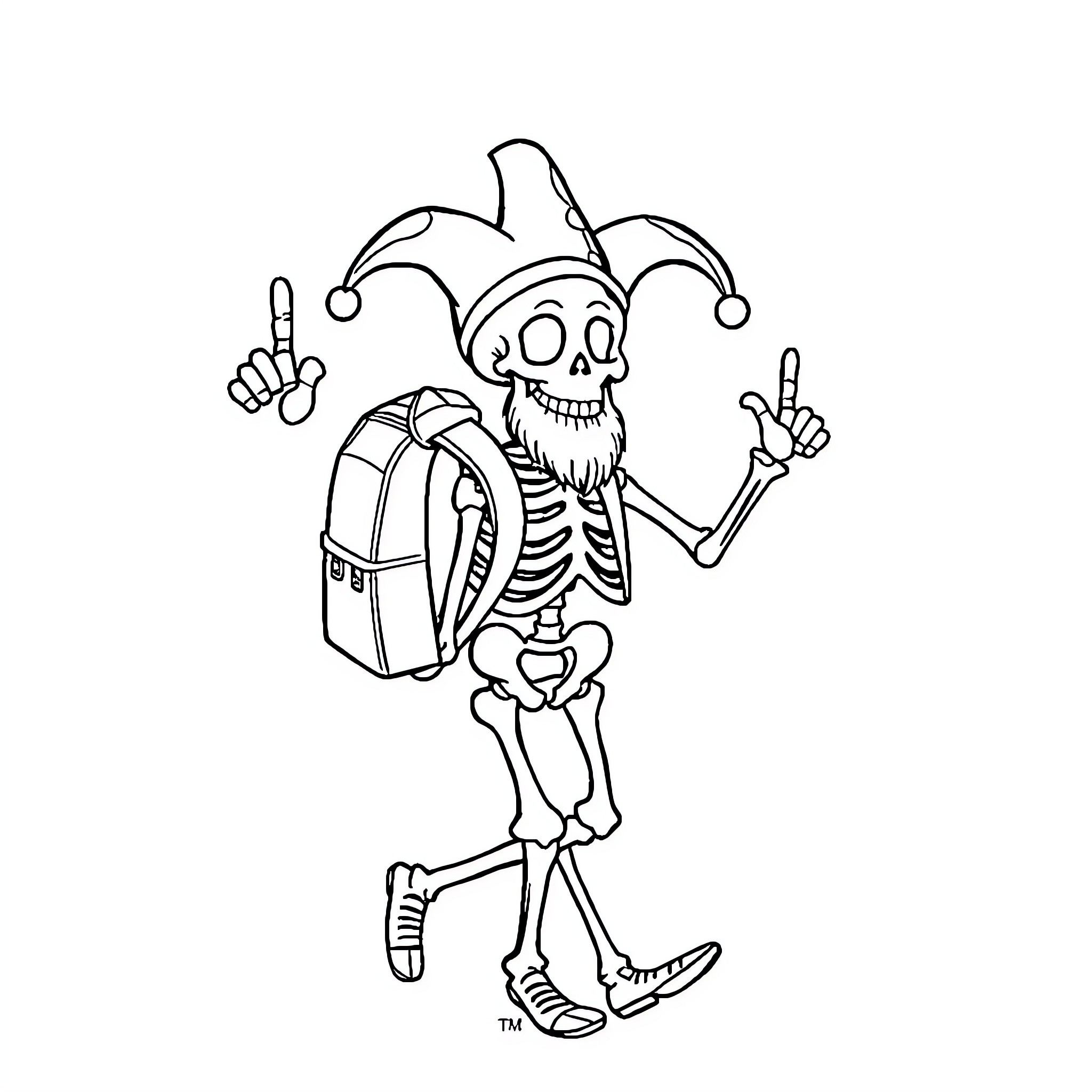 Skeleton wearing jester costume with backpack Coloring Page (free black-and-white line drawing printable PDF for all, from beginners to advanced learners, including children, teens, adults, and seniors)