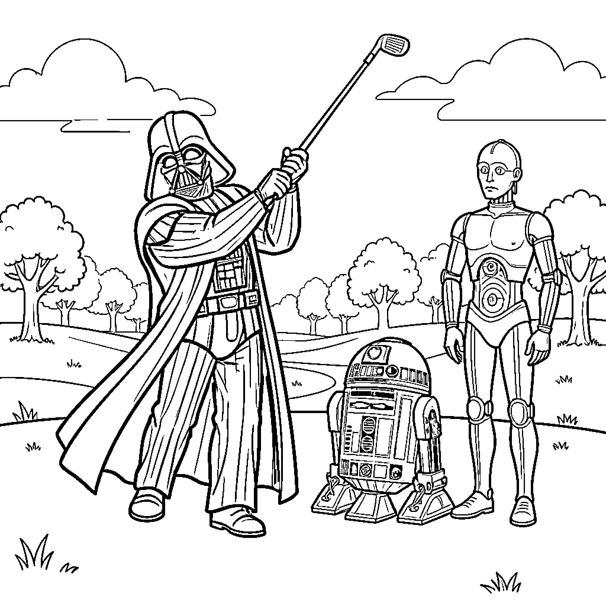 Darth Vader swinging a golf club with droids Coloring Page (free black-and-white line drawing printable PDF for all, from beginners to advanced learners, including children, teens, adults, and seniors)