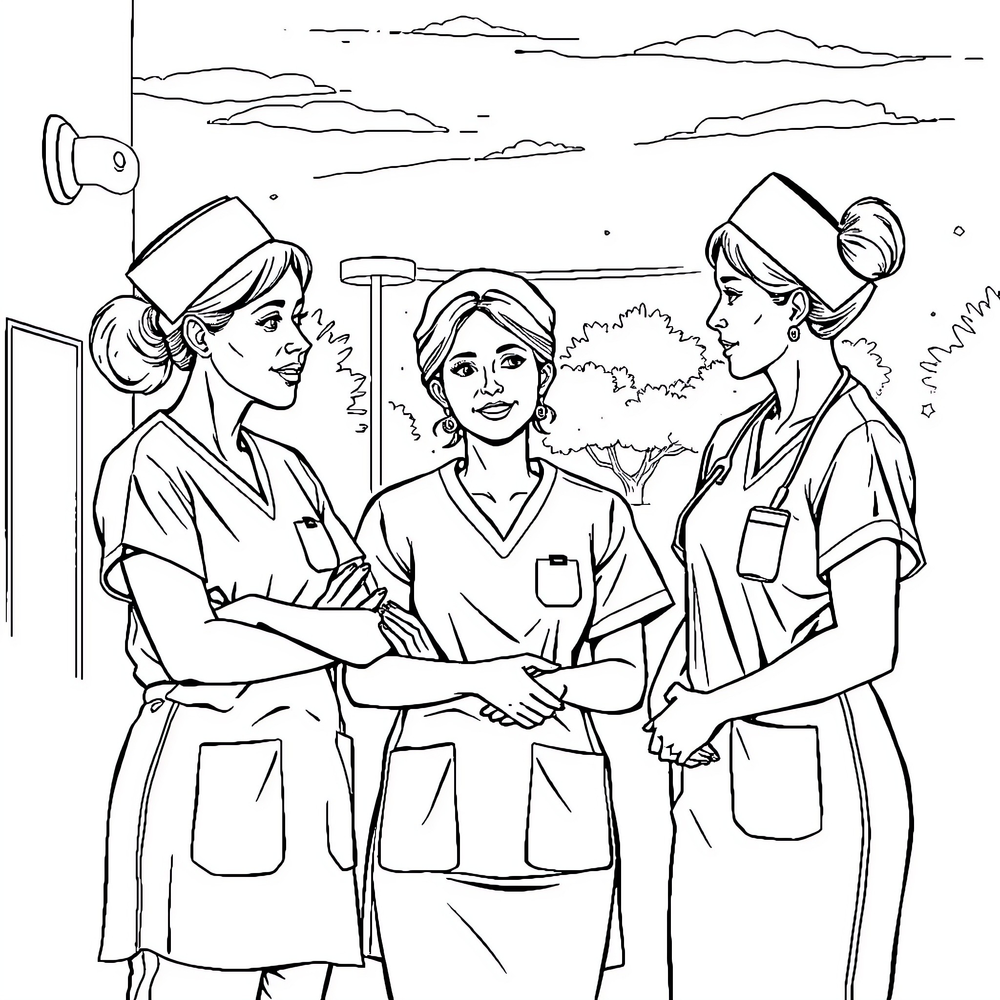Nurses Discussing Patient Care in Hospital Setting Coloring Page (free black-and-white line drawing printable PDF for all, from beginners to advanced learners, including children, teens, adults, and seniors)