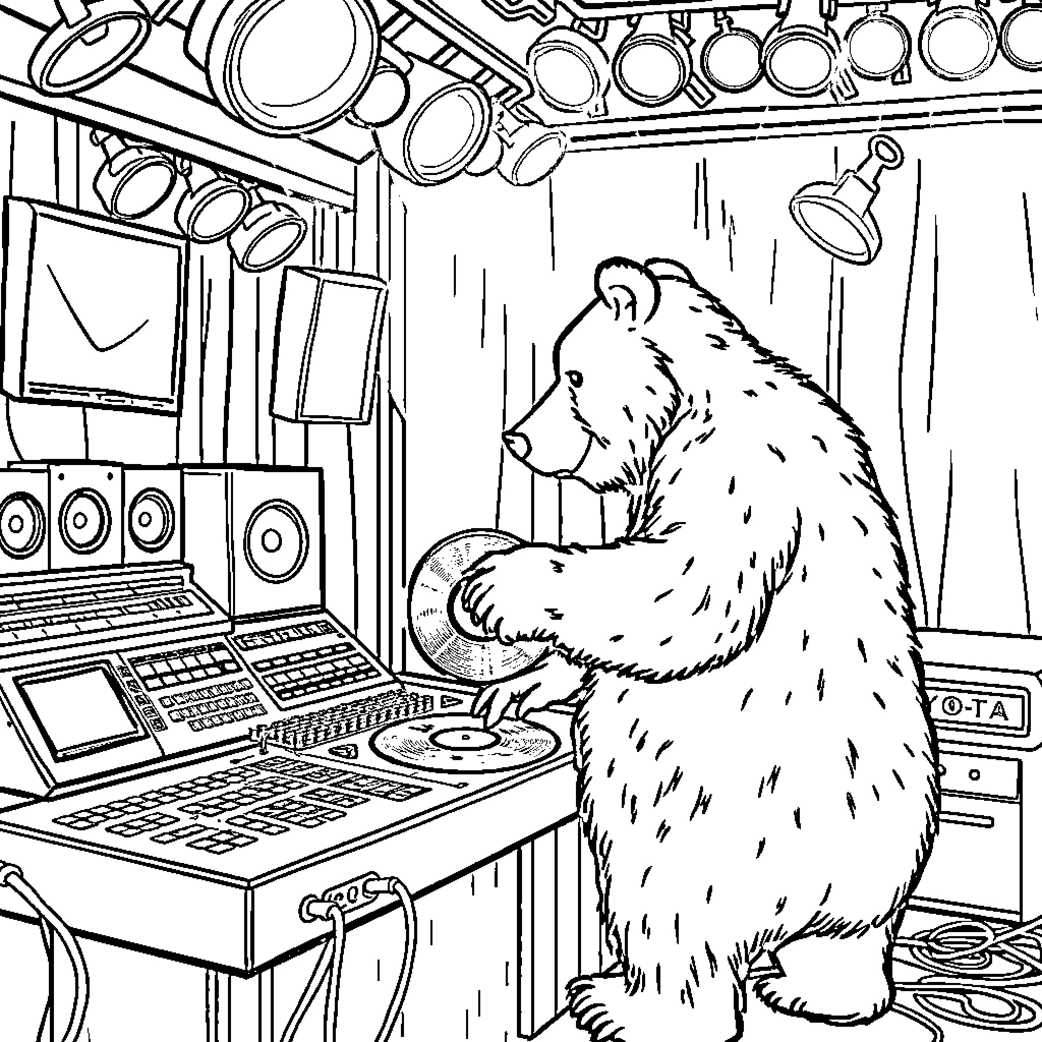 Bear playing DJ in a music studio Coloring Page (free black-and-white line drawing printable PDF for all, from beginners to advanced learners, including children, teens, adults, and seniors)