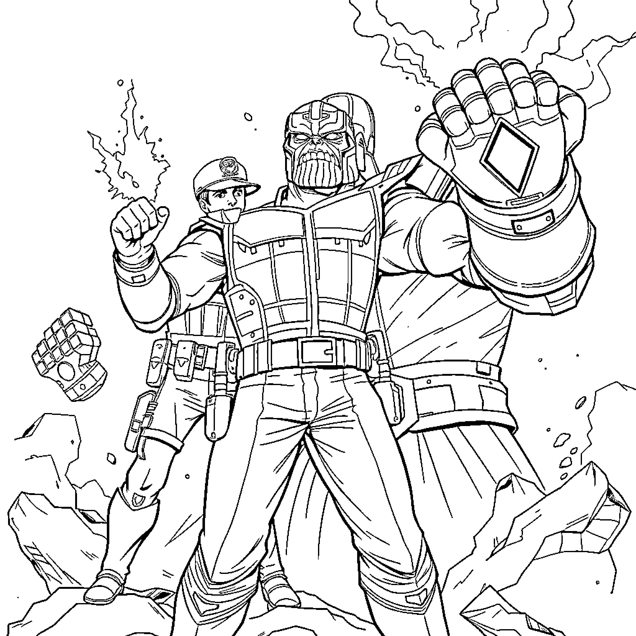 Police Officer Confronting Powerful Villain Coloring Page (free black-and-white line drawing printable PDF for all, from beginners to advanced learners, including children, teens, adults, and seniors)