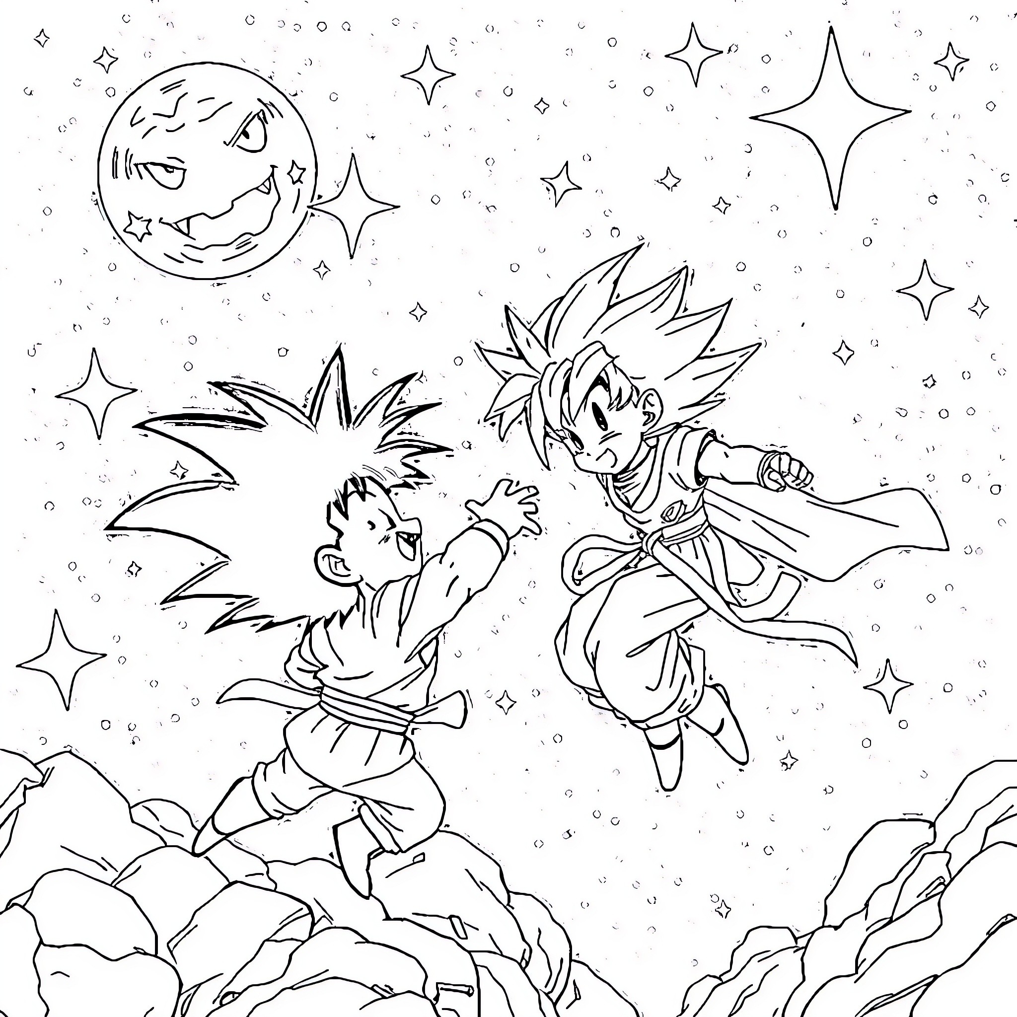 Laffy and Goku battle in the cosmic void Coloring Page (free black-and-white line drawing printable PDF for all, from beginners to advanced learners, including children, teens, adults, and seniors)