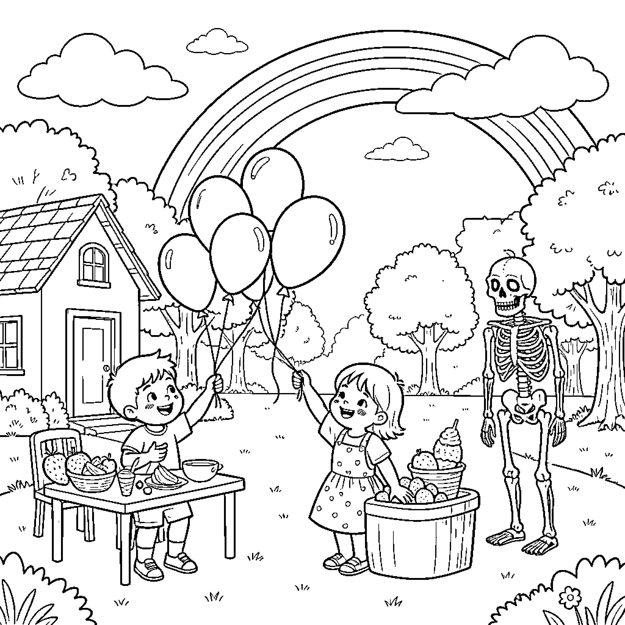 Sun shines on children playing with balloons near a skeleton Coloring Page (free black-and-white line drawing printable PDF for all, from beginners to advanced learners, including children, teens, adults, and seniors)