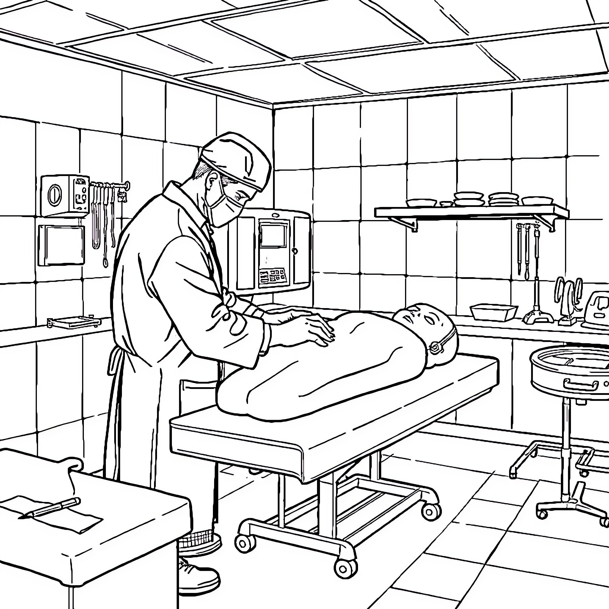 Embalmer assisting patient in medical facility Coloring Page (free black-and-white line drawing printable PDF for all, from beginners to advanced learners, including children, teens, adults, and seniors)