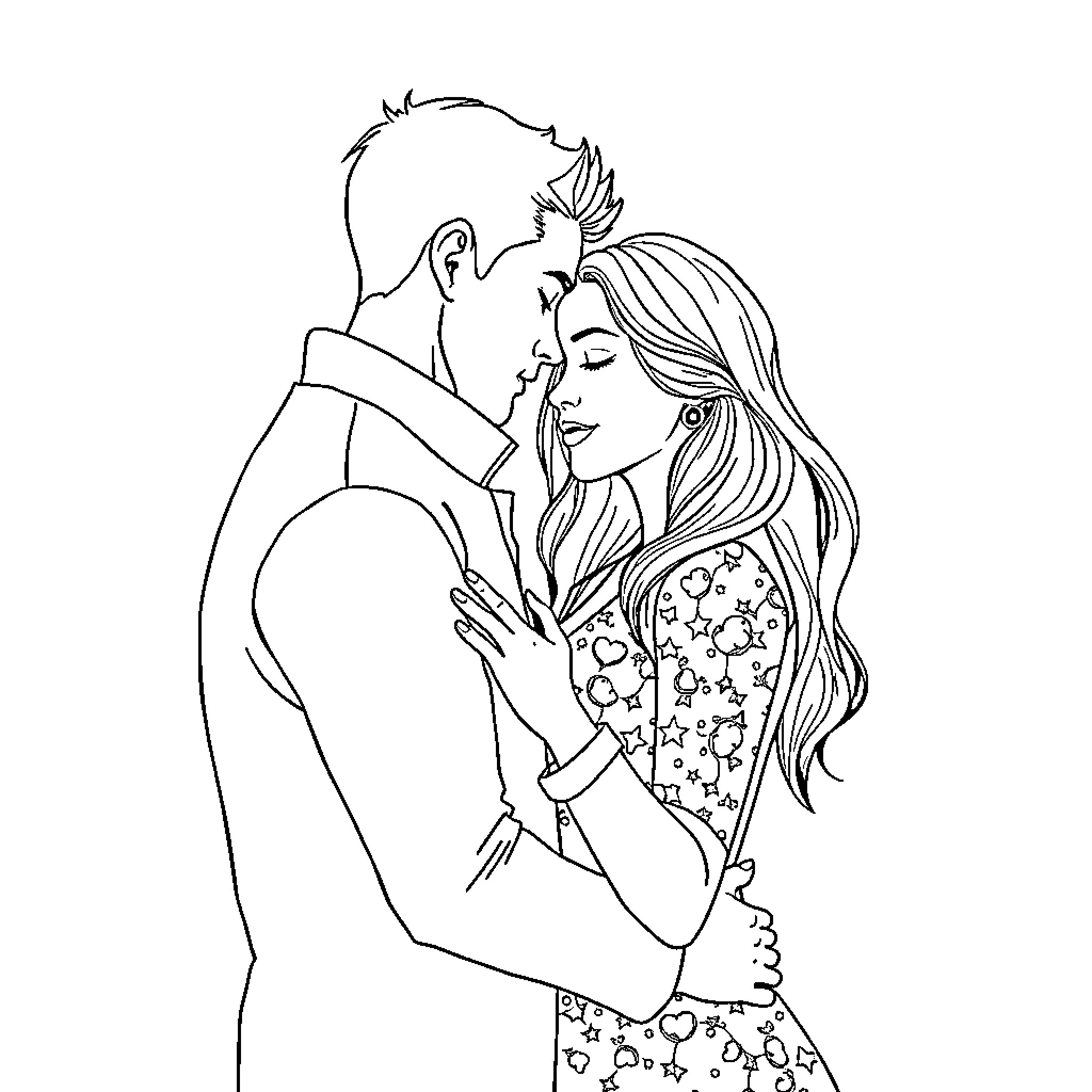 Couple embracing affectionately Coloring Page (free black-and-white line drawing printable PDF for all, from beginners to advanced learners, including children, teens, adults, and seniors)