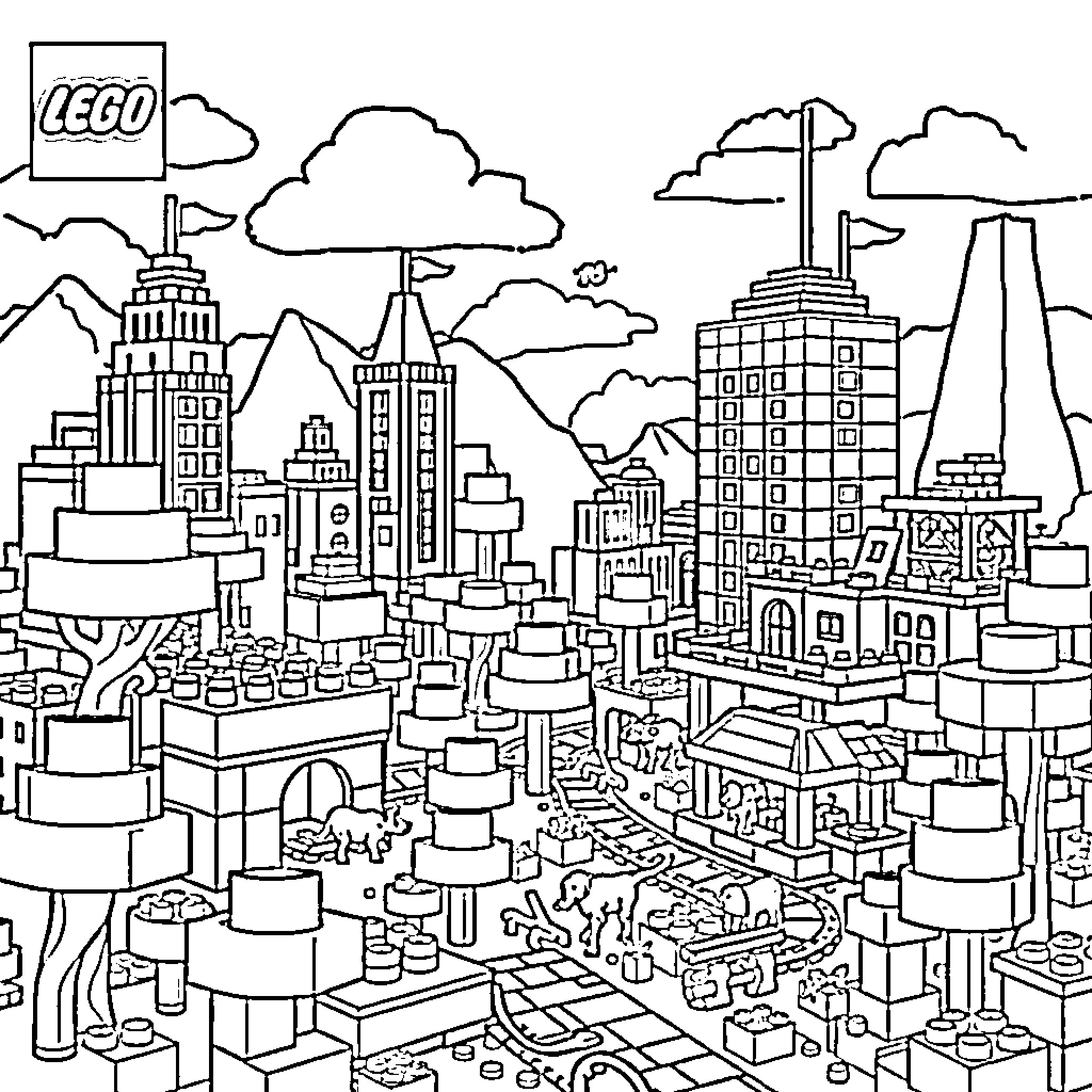 Lego city with towering skyscrapers and bustling streets Coloring Page (free black-and-white line drawing printable PDF for all, from beginners to advanced learners, including children, teens, adults, and seniors)