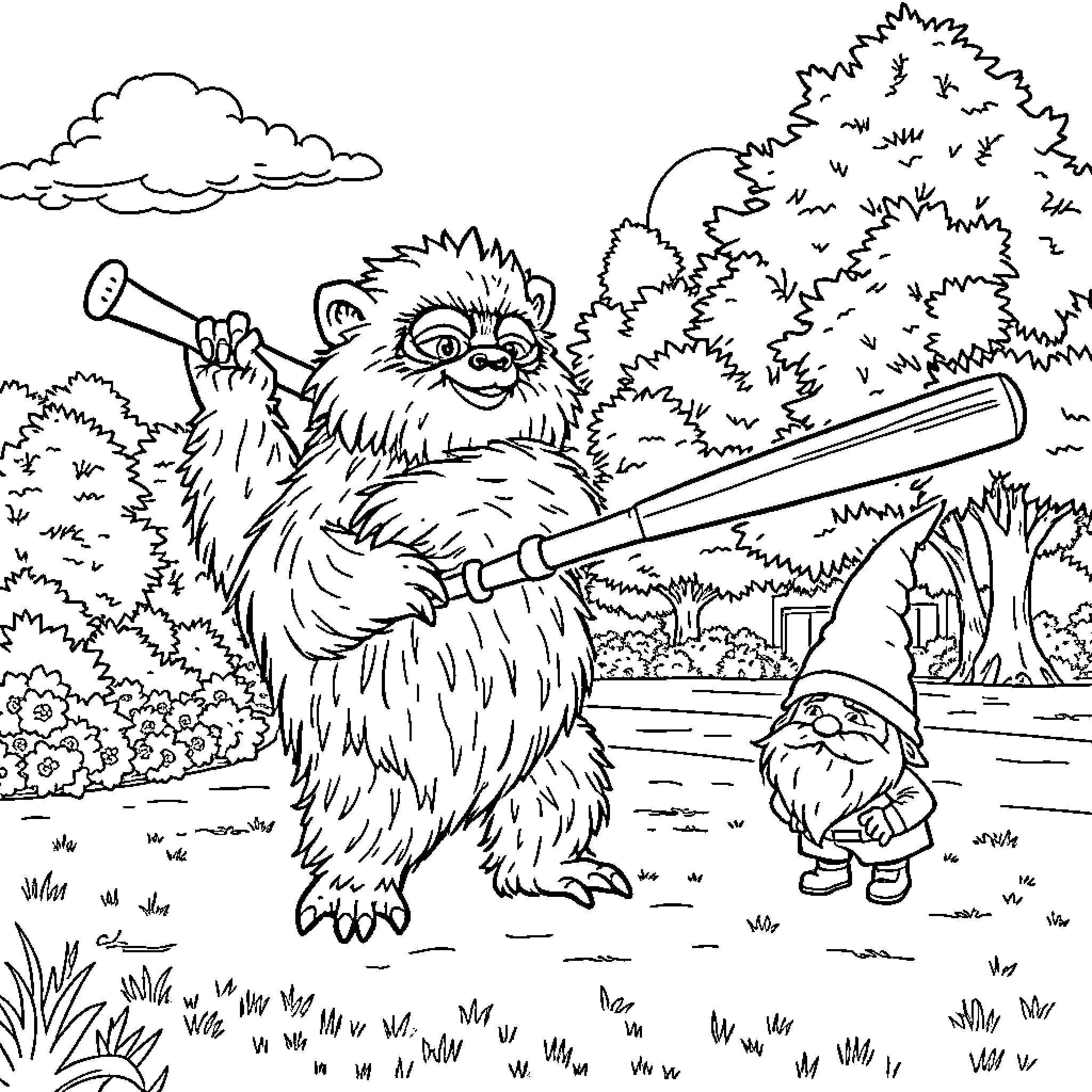 Yeti and Gnome Adventuring in the Wilderness Coloring Page (free black-and-white line drawing printable PDF for all, from beginners to advanced learners, including children, teens, adults, and seniors)