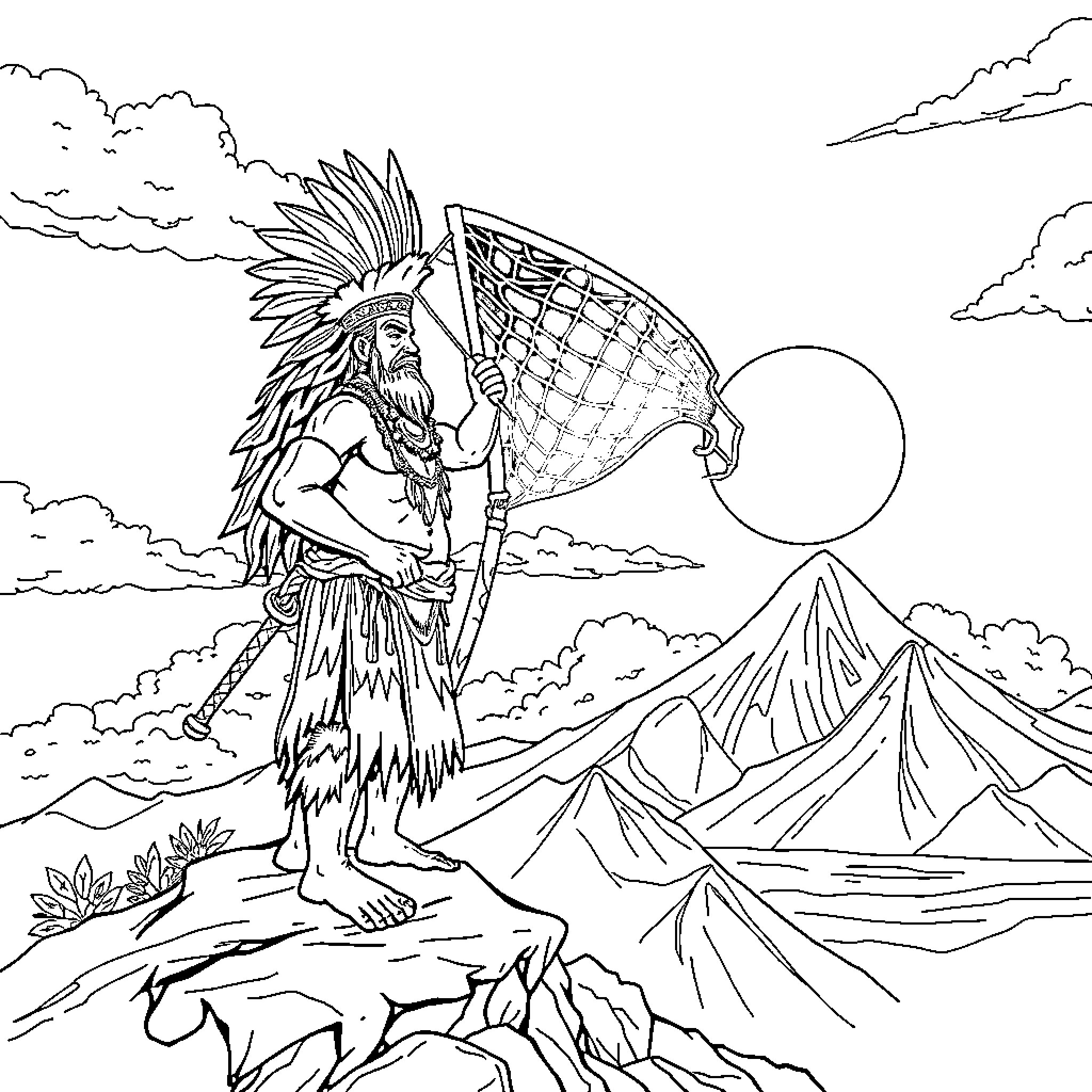 Maui standing tall with a net in the mountains Coloring Page (free black-and-white line drawing printable PDF for all, from beginners to advanced learners, including children, teens, adults, and seniors)