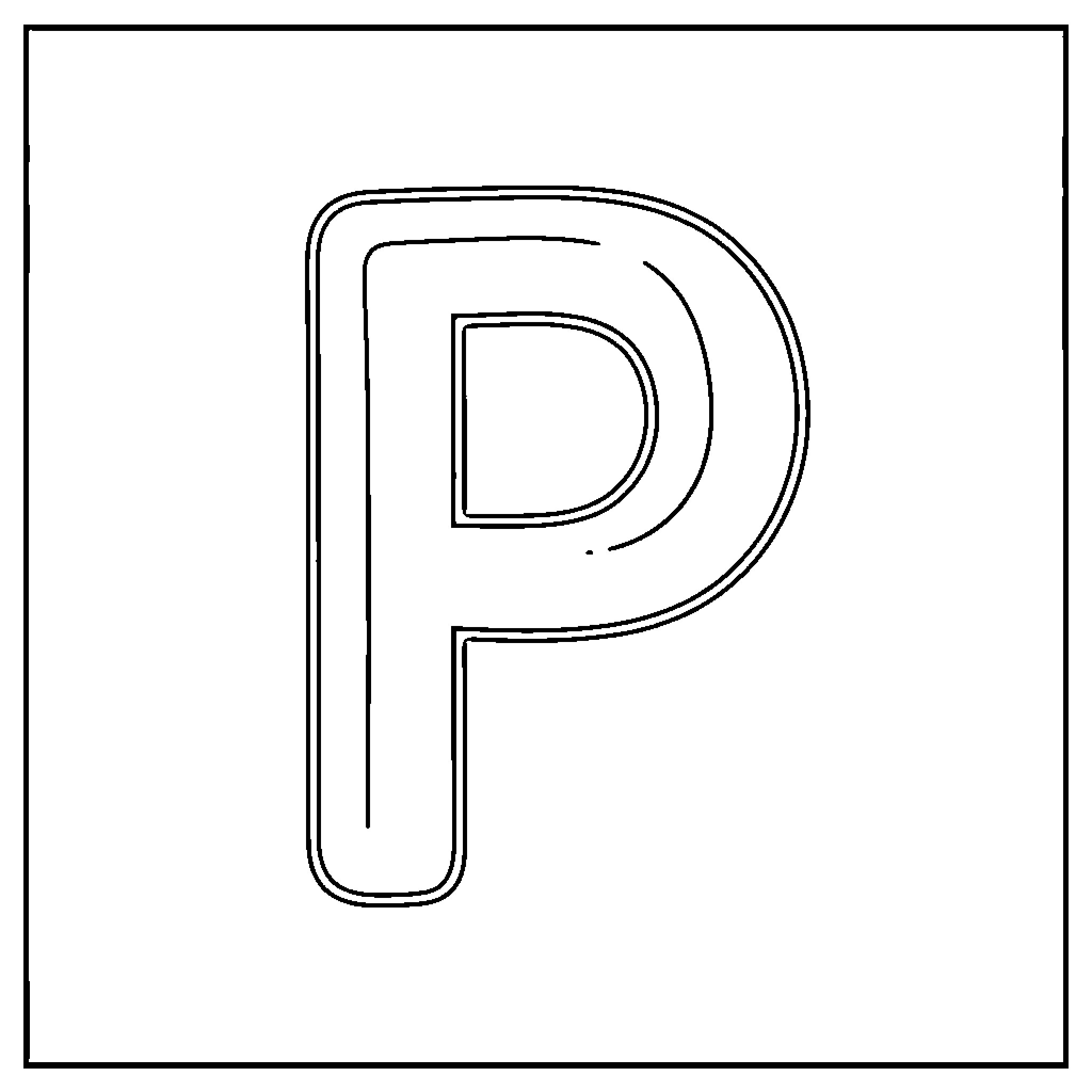 P shaped capital letter outline in a frame Coloring Page (free black-and-white line drawing printable PDF for all, from beginners to advanced learners, including children, teens, adults, and seniors)