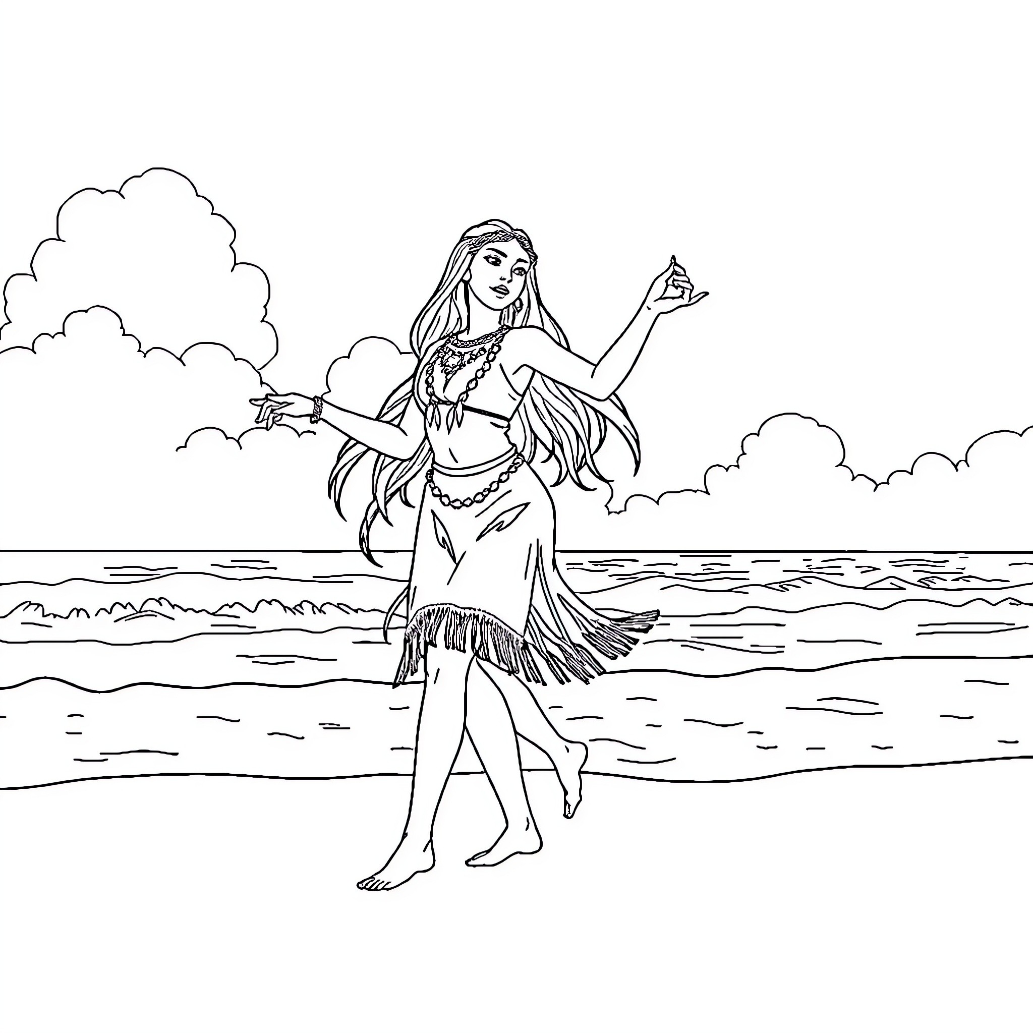 Pocahontas dancing by the shore Coloring Page (free black-and-white line drawing printable PDF for all, from beginners to advanced learners, including children, teens, adults, and seniors)