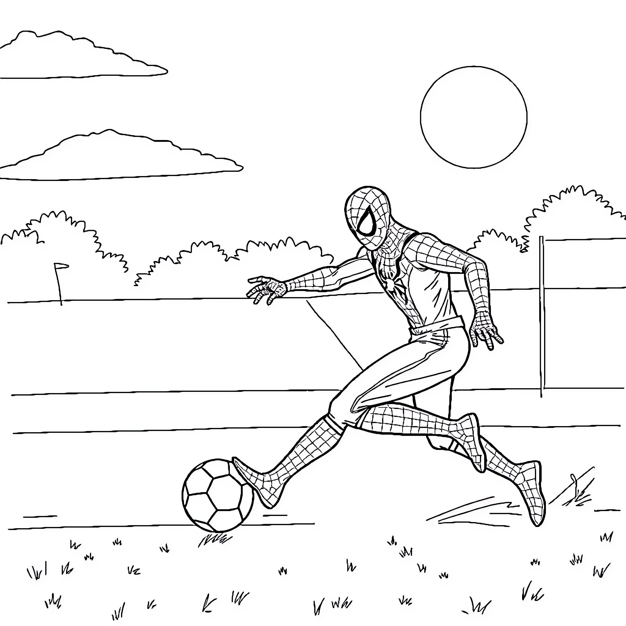 Spiderman playing soccer in the park Coloring Page (free black-and-white line drawing printable PDF for all, from beginners to advanced learners, including children, teens, adults, and seniors)