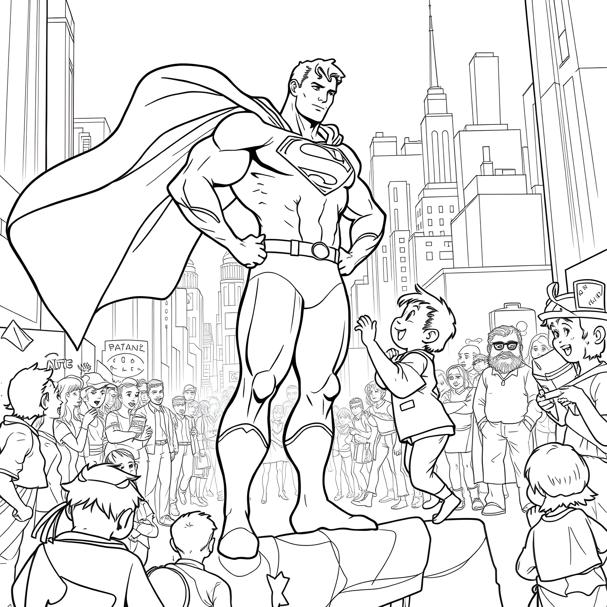 Superman saving the city from crowds Coloring Page (free black-and-white line drawing printable PDF for all, from beginners to advanced learners, including children, teens, adults, and seniors)