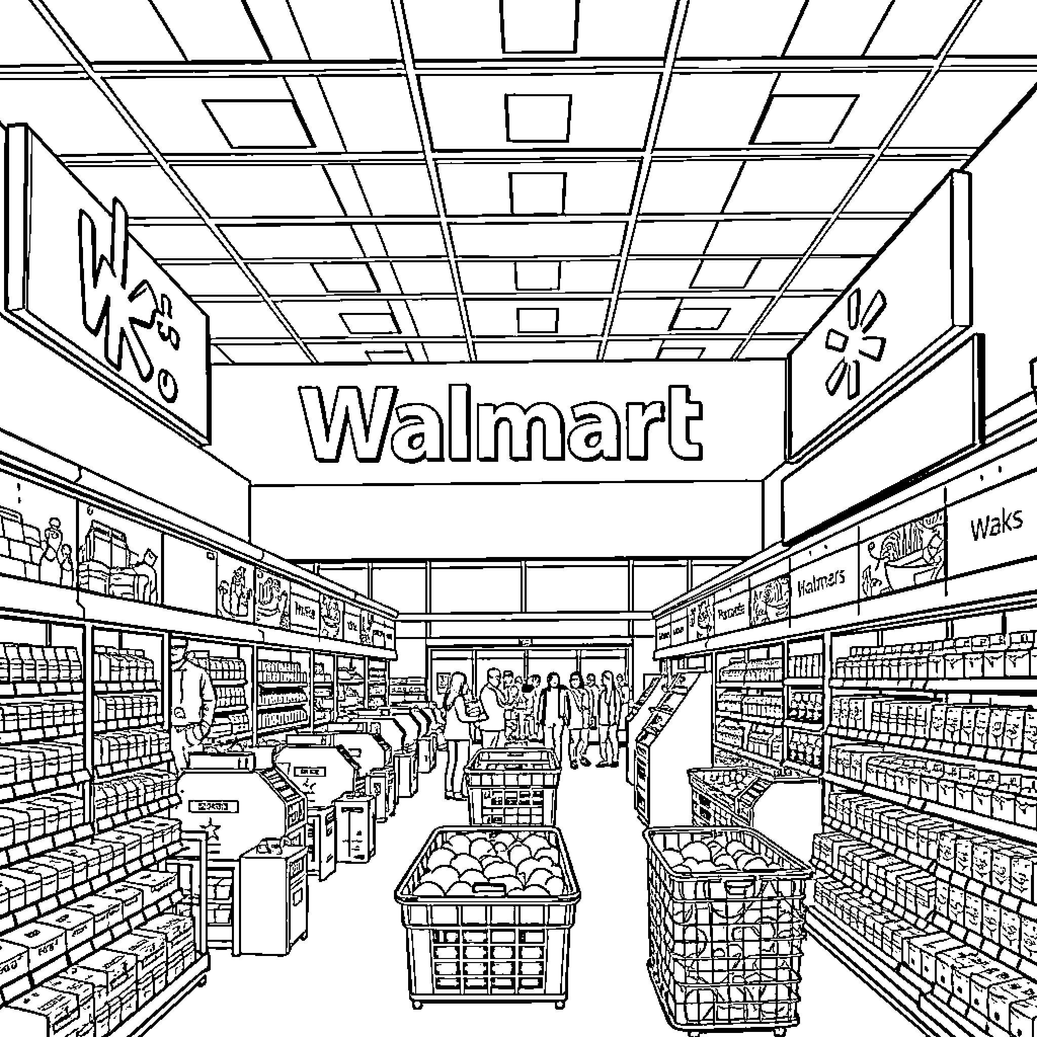 Walmart store interior with shopping aisles and customers Coloring Page (free black-and-white line drawing printable PDF for all, from beginners to advanced learners, including children, teens, adults, and seniors)